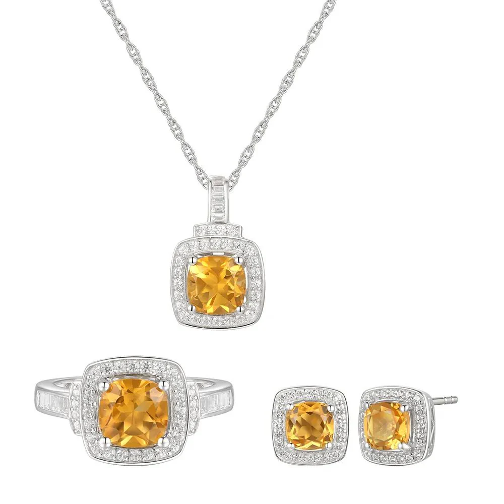 Cushion-Cut Citrine & Lab Created White Sapphire Earring Pendant Necklace & Ring Set .925 Sterling Silver Size 8.5