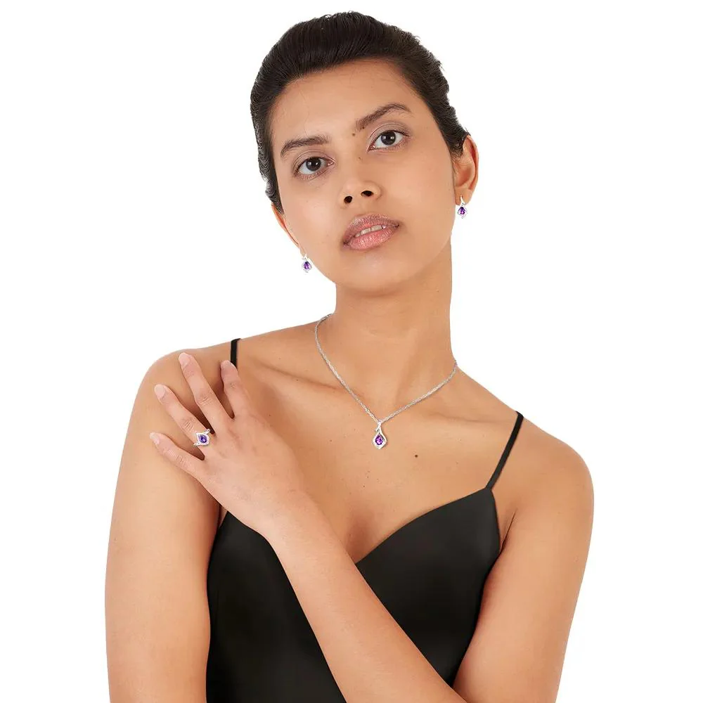 Pear-Shaped Amethyst & Lab Created White Sapphire Earring Pendant Necklace & Ring Set .925 Sterling Silver Size 7 - Image 9
