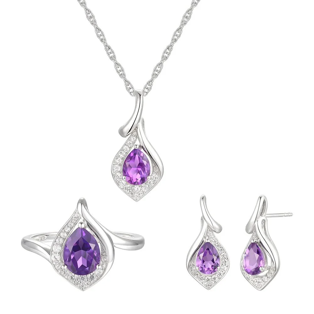 Pear-Shaped Amethyst & Lab Created White Sapphire Earring Pendant Necklace & Ring Set .925 Sterling Silver Size 9