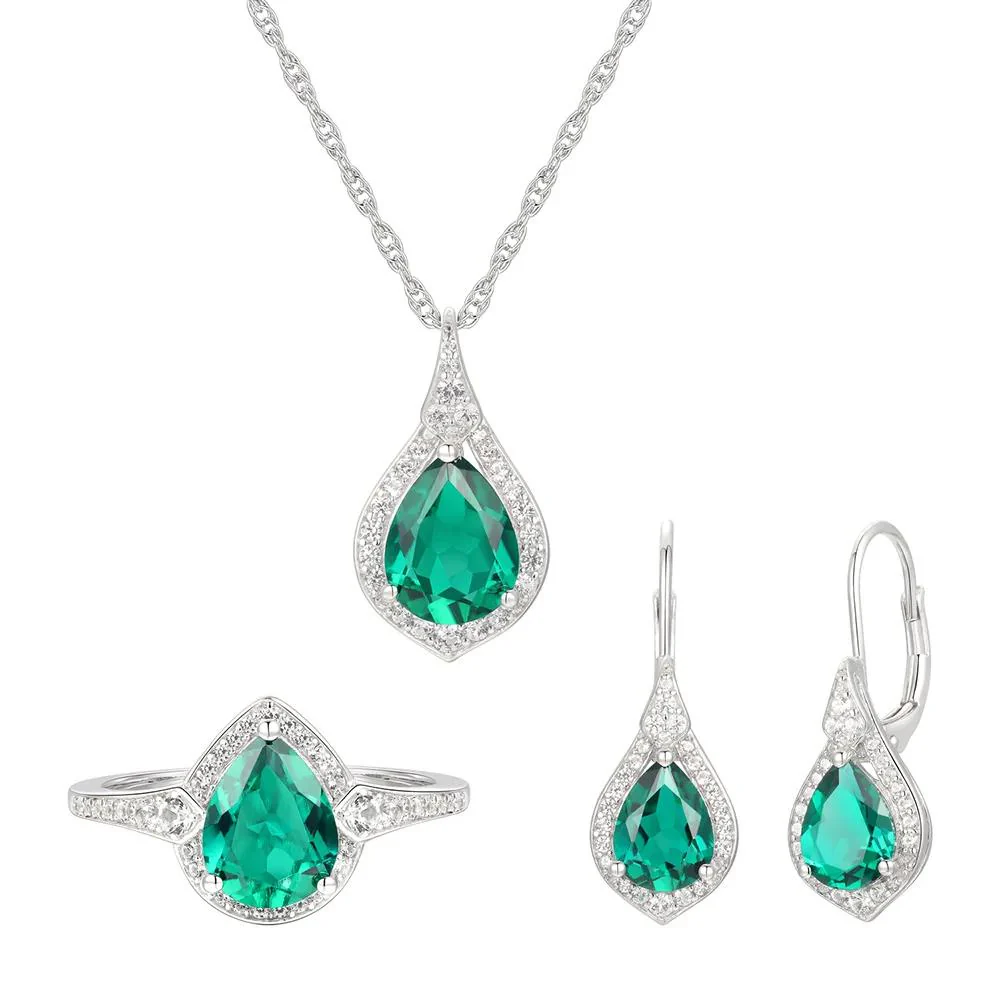 Pear-Shaped Lab Created Emerald Earring Pendant Necklace & Ring Set .925 Sterling Silver White Size 6.5