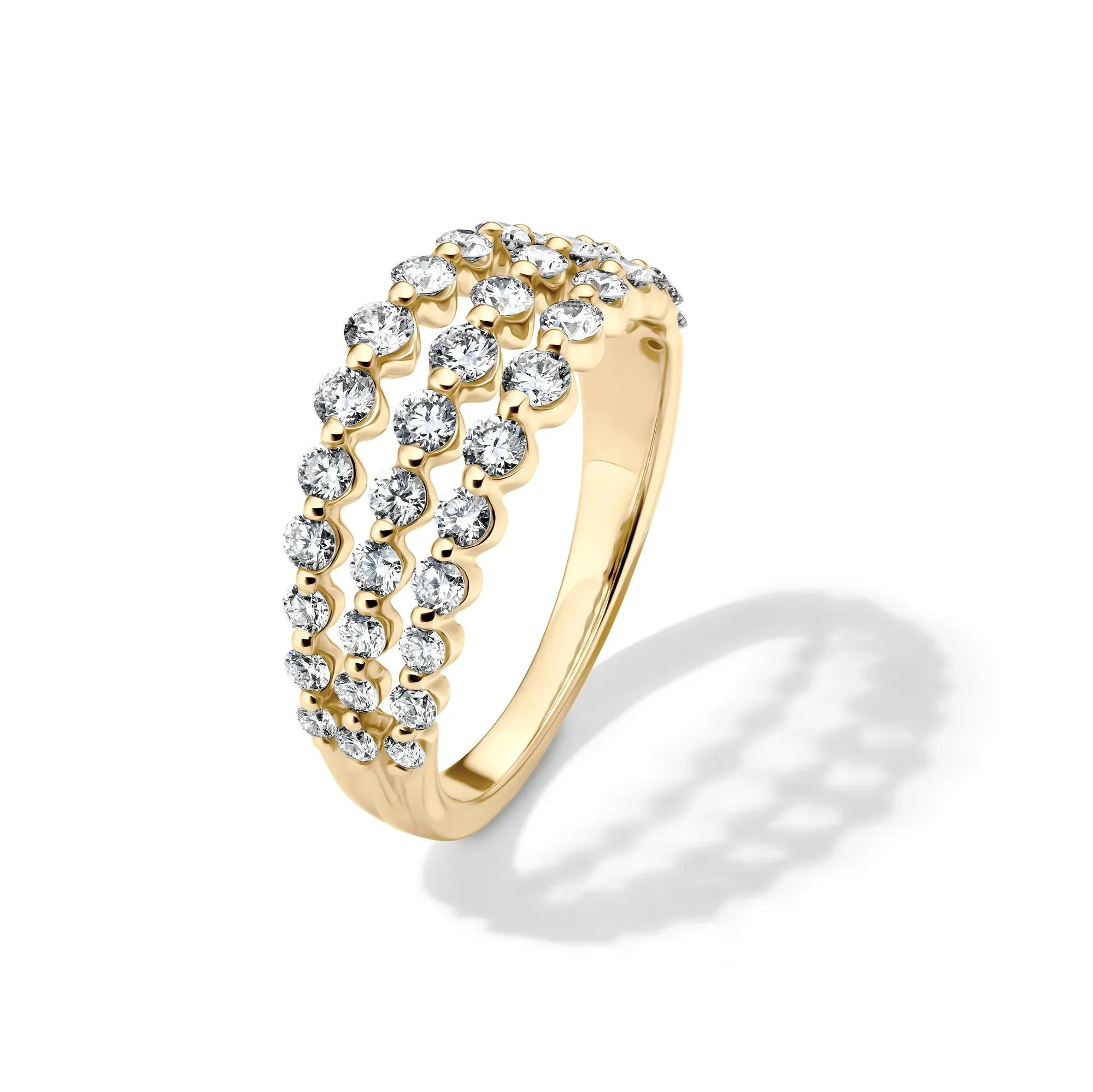 1 CT. Tw. Lab Grown Diamond Three-Row Anniversary Band Ring 10K Yellow Gold Round Brilliant Cut Size 4.5 1mm