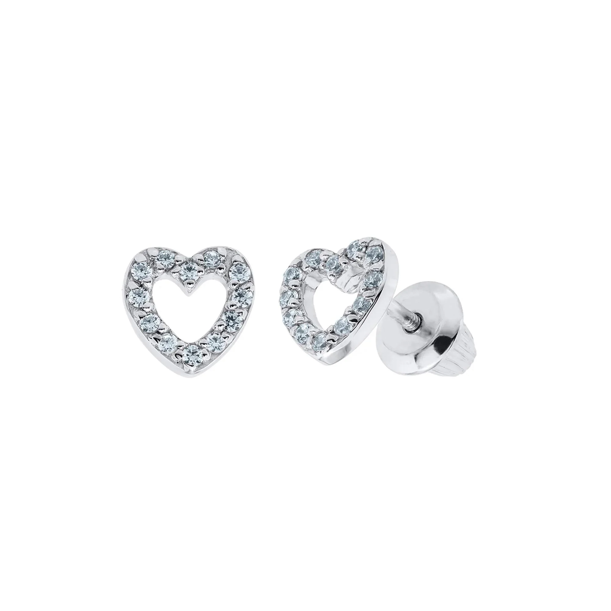 Children's Open Heart Stud Earrings .925 Sterling Silver White Size 7.00mm