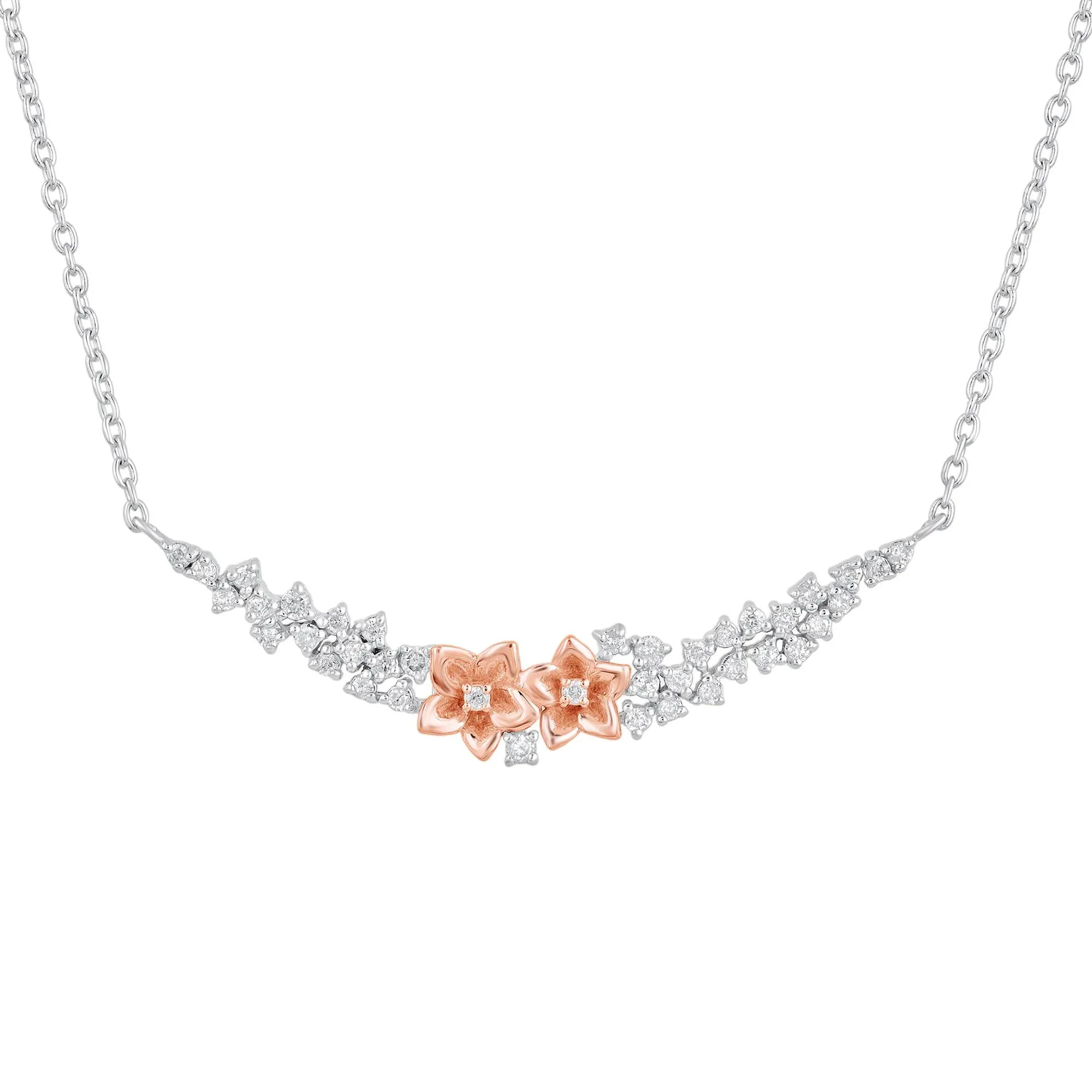 Floral Diamond Necklace .925 Sterling Silver and 10K Rose Gold (1/4 CT.tw.) White Size 18"