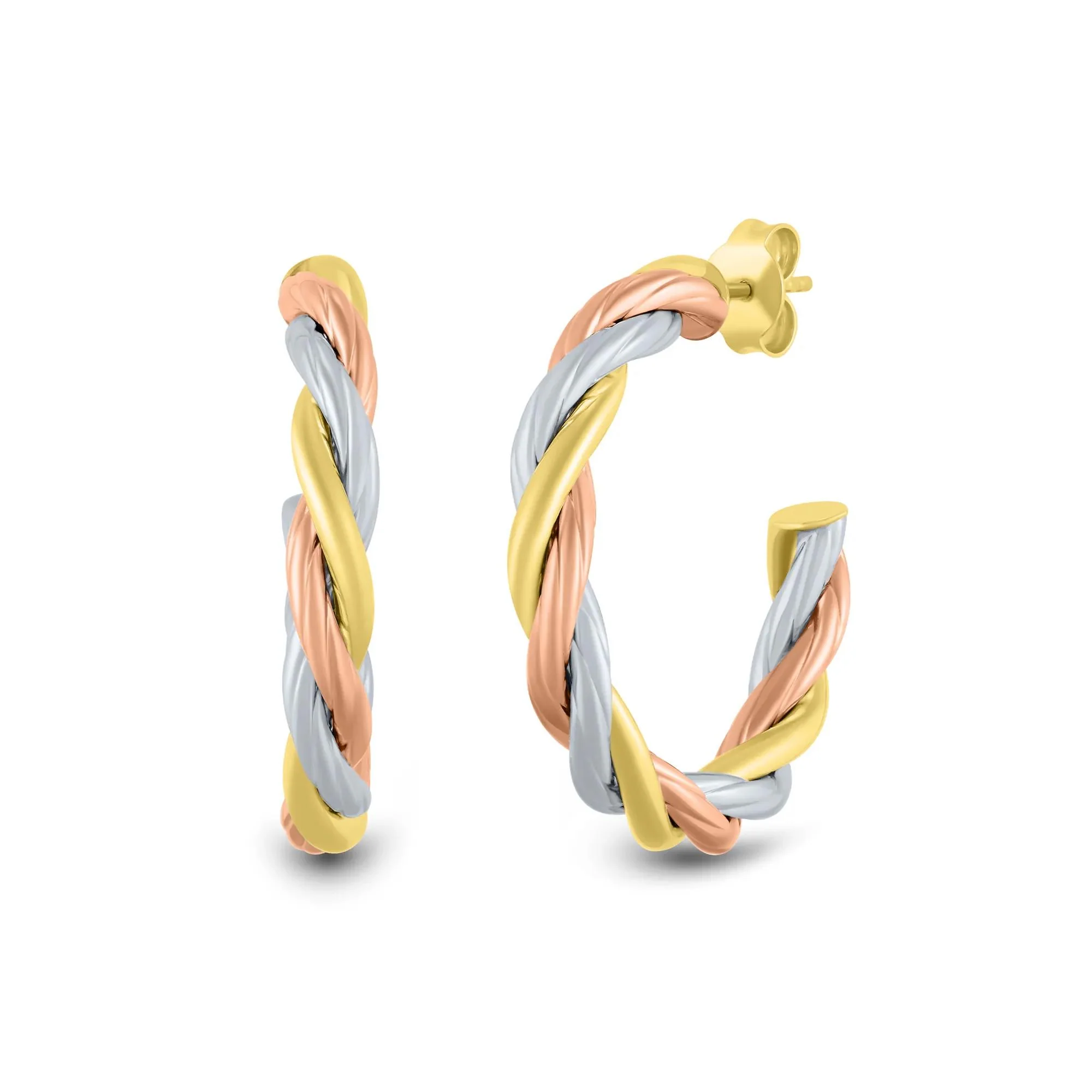 Twisted J-Hoop Earrings 14K Yellow White and Rose Gold Size 29.00mm