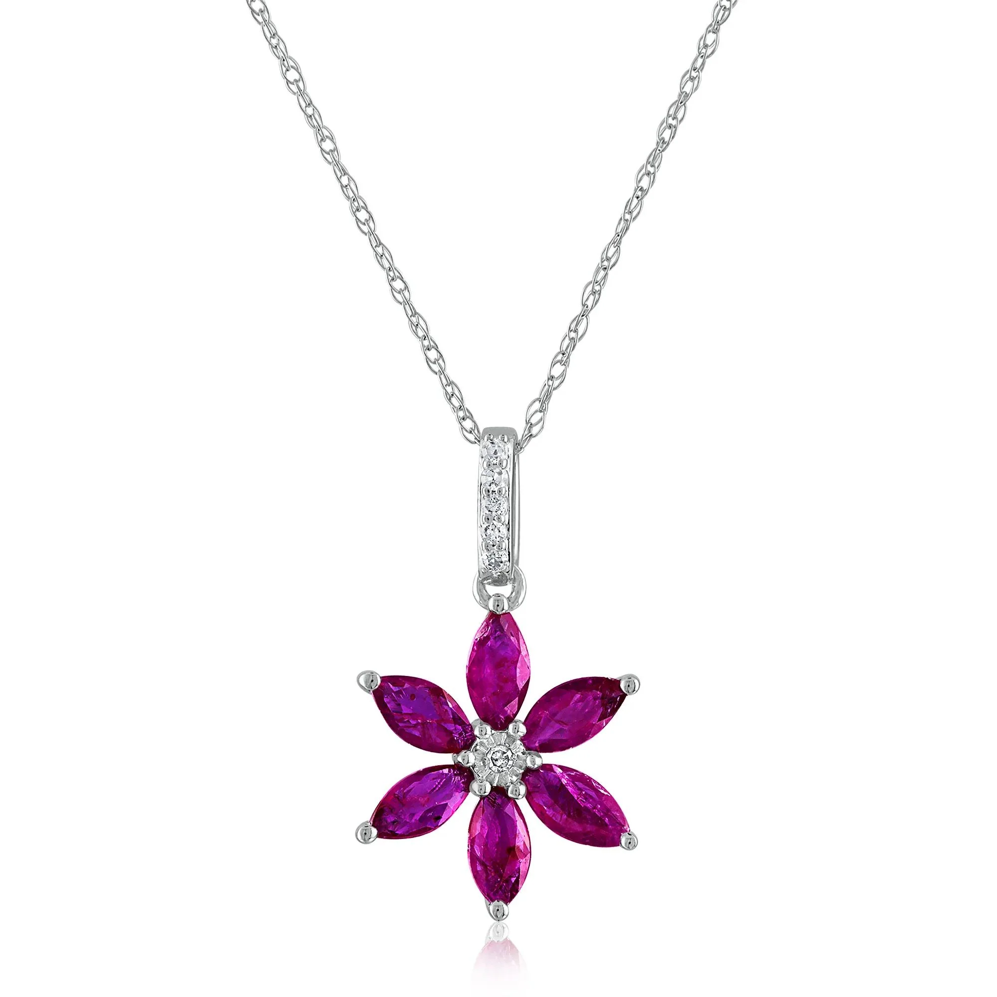 Rhodolite Garnet & Diamond Accent Flower Pendant Necklace 14K White Gold Size 18"