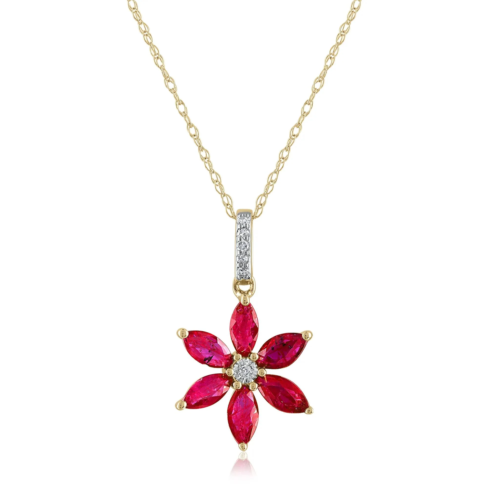 Ruby & Diamond Accent Flower Pendant Necklace 14K Yellow Gold Size 18"