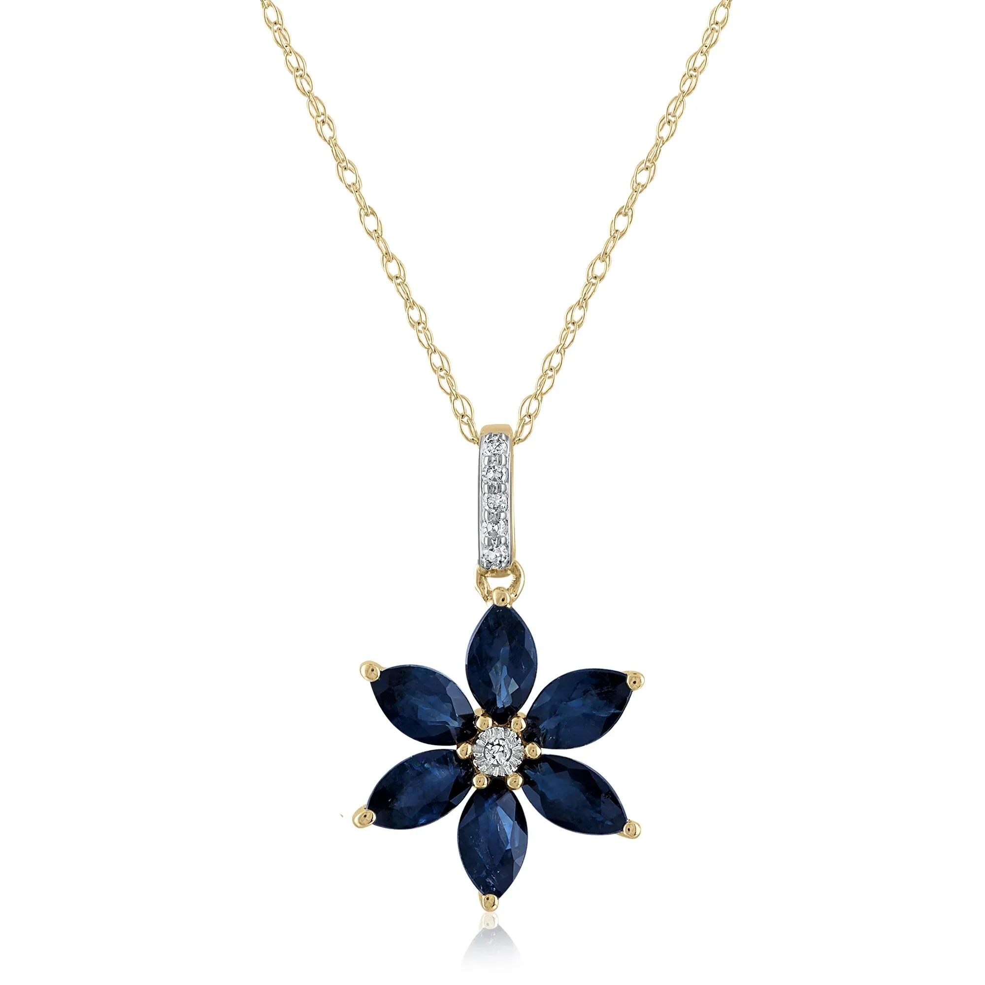 Blue Sapphire & Diamond Accent Flower Pendant Necklace 14K Yellow Gold Size 18"