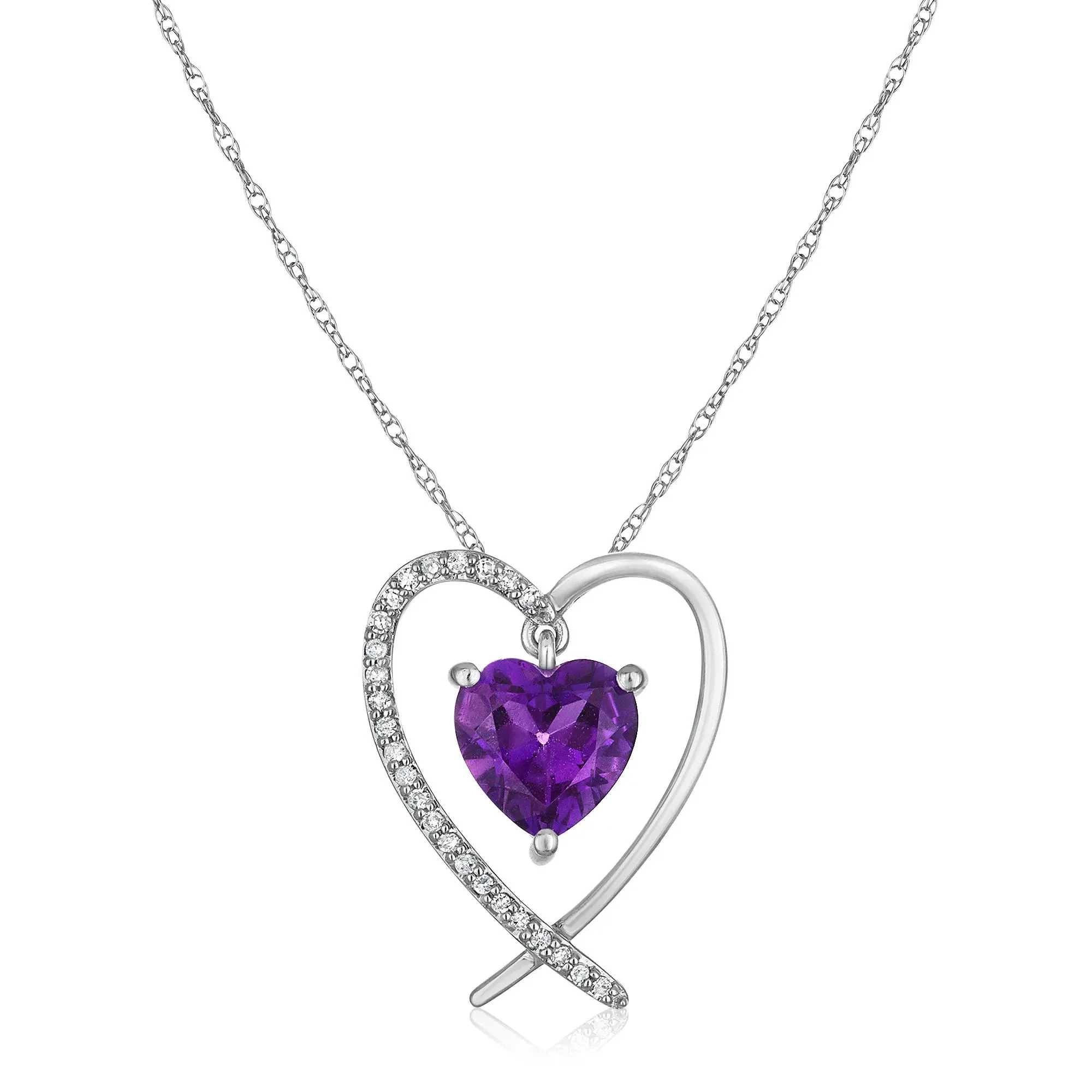 Amethyst and Diamond Accent Heart Pendant Necklace 10K White Gold Size 18"