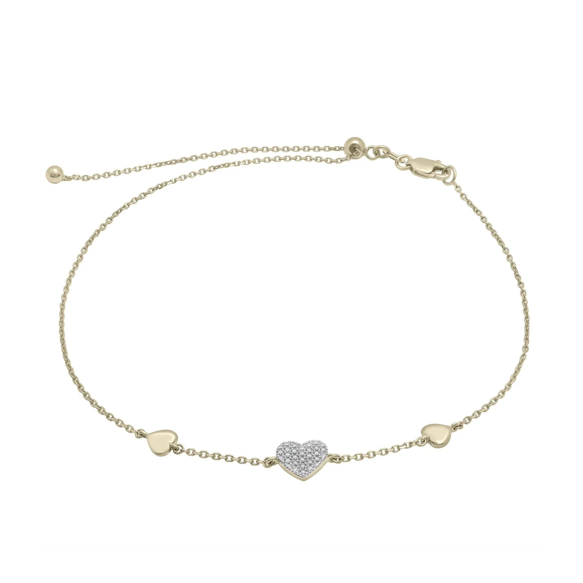 Diamond Accent Three Heart Bracelet 10K Yellow Gold Size 7.50mm