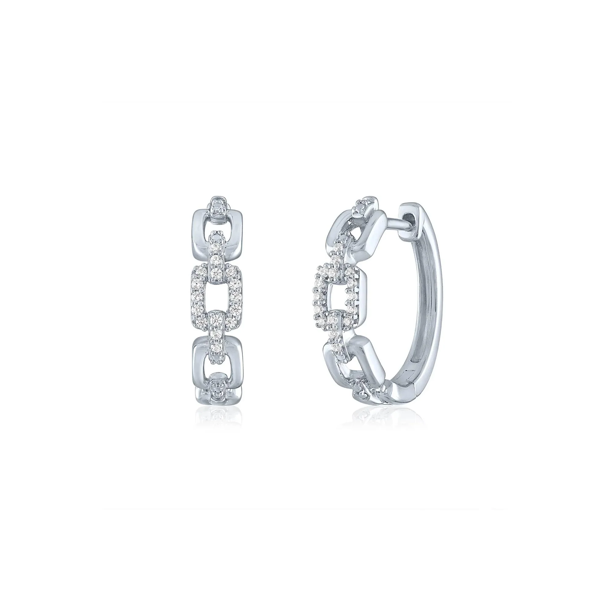 Chain Link Hoop Earrings with Diamond Accents .925 Sterling Silver White Size 4.30mm