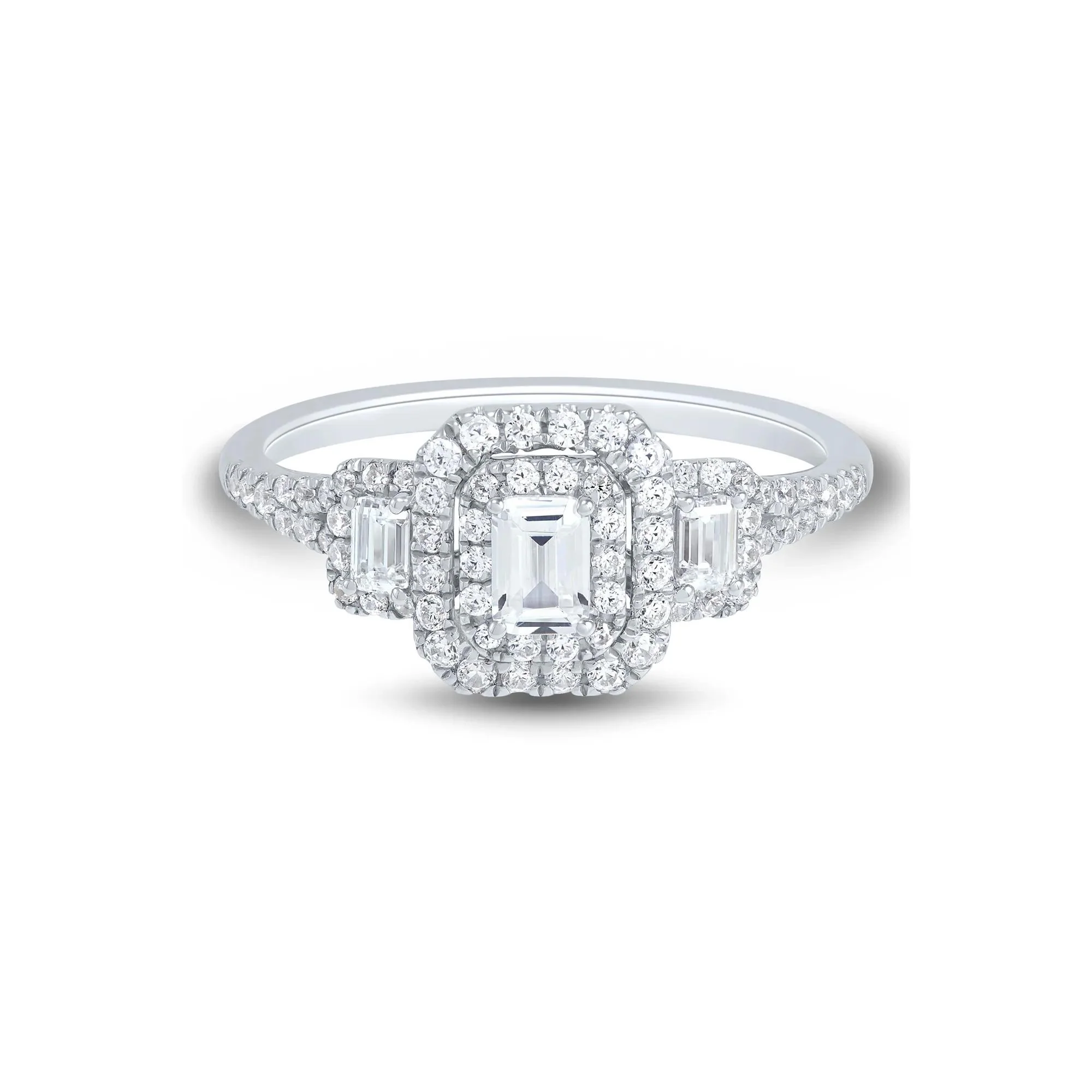 3/4 CT. Tw. Diamond Three-Stone Emerald-Cut Engagement Ring 14K White Gold Round Brilliant Cut Size 7 1mm