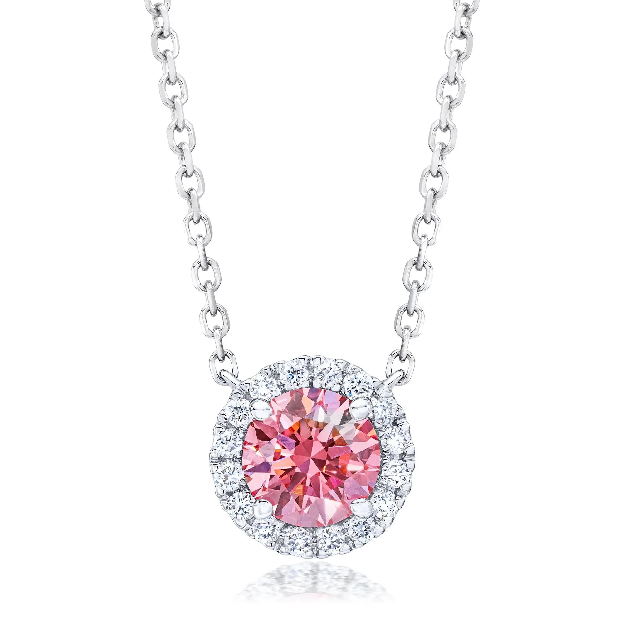 7/8 CT. Tw. Lab Grown Diamond Fancy Pink Halo Pendant Necklace 14K White Gold Size 18"