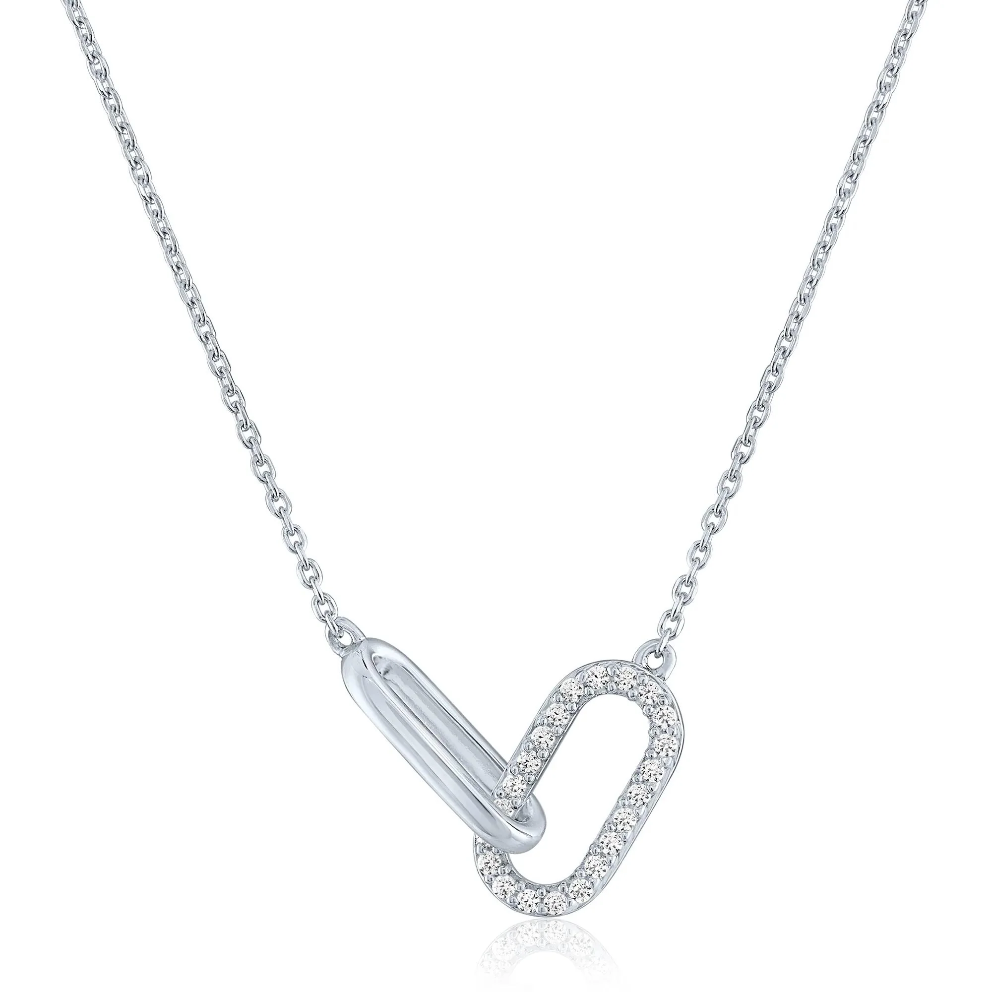 Diamon Accent Paperclip Connection Pendant Necklace .925 Sterling Silver White Size 18"