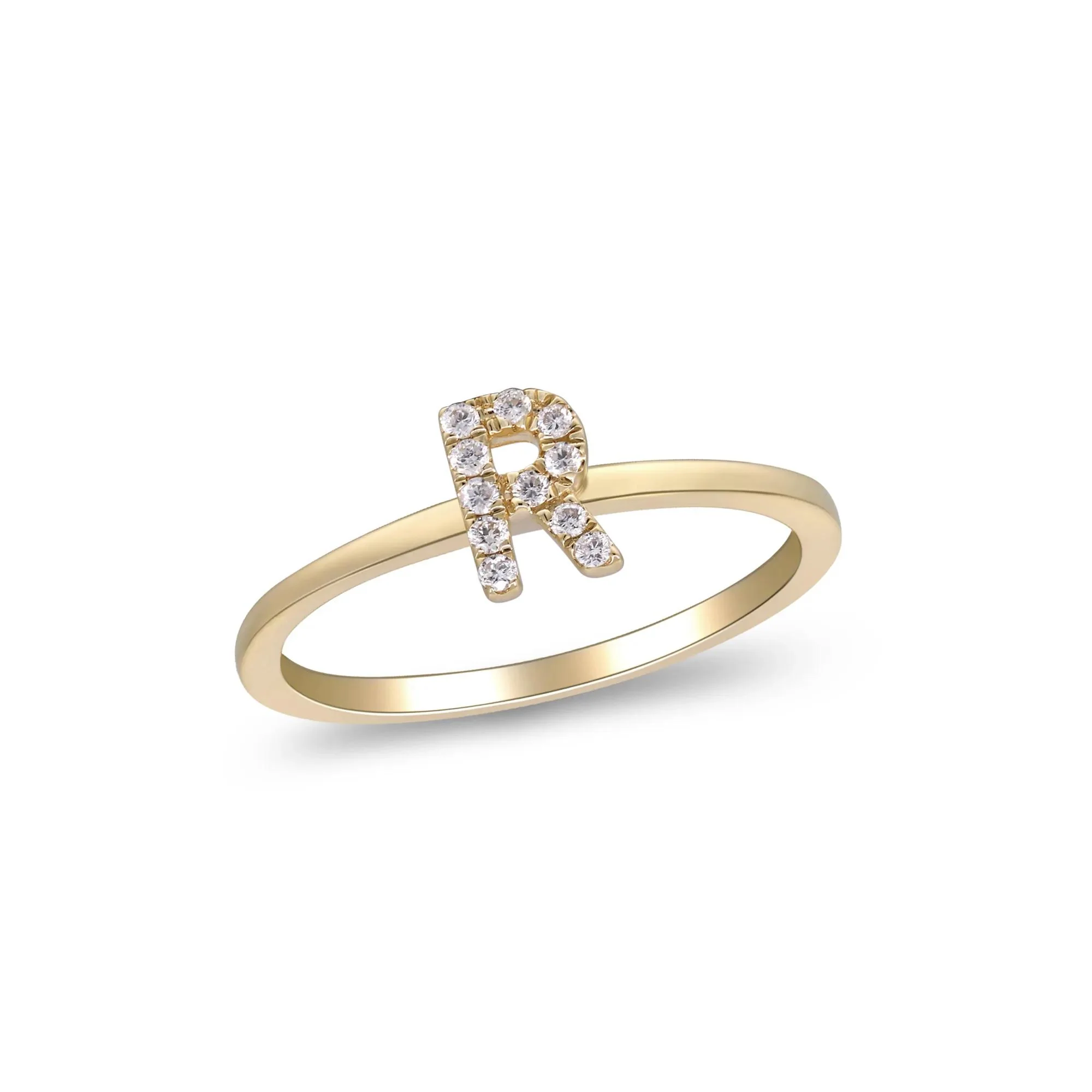 Diamond Accent "r" Initial Ring 10K Yellow Gold Round Brilliant Cut Size 9 2mm - Image 4