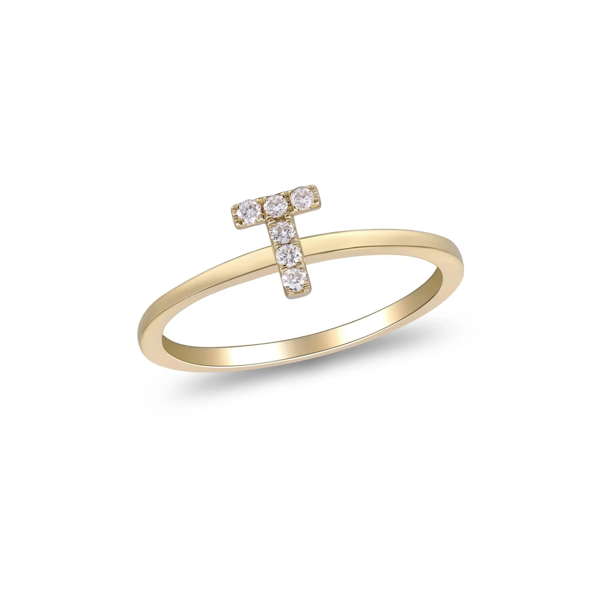 Diamond Accent "t" Initial Ring 10K Yellow Gold Round Brilliant Cut Size 5 2mm - Image 4