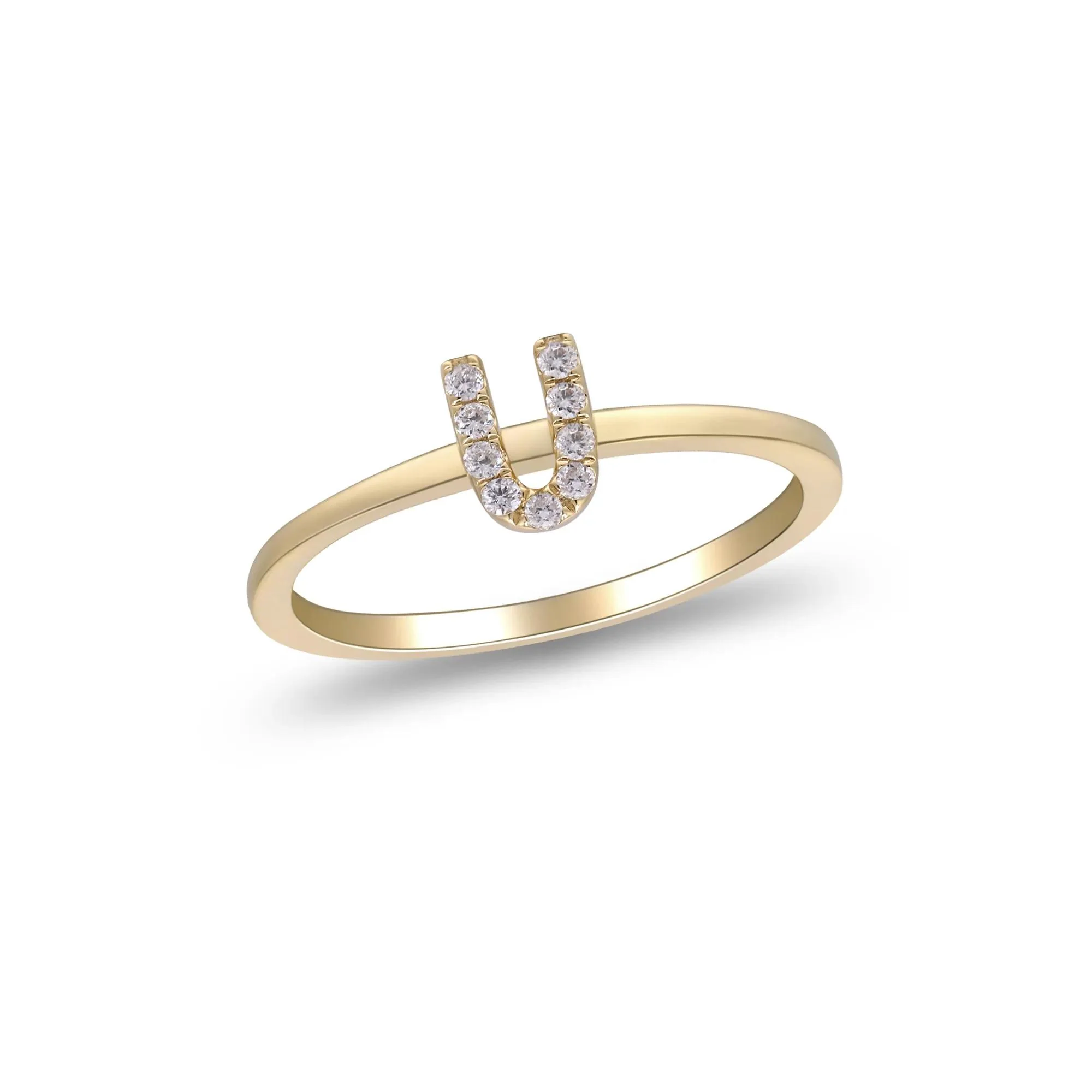 Diamond "u" Initial Ring 10K Yellow Gold Round Brilliant Cut Size 5 2mm - Image 4