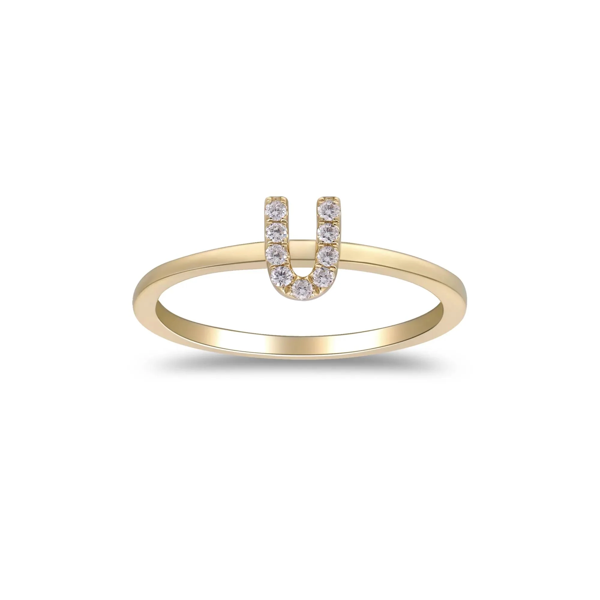 Diamond "u" Initial Ring 10K Yellow Gold Round Brilliant Cut Size 9 2mm