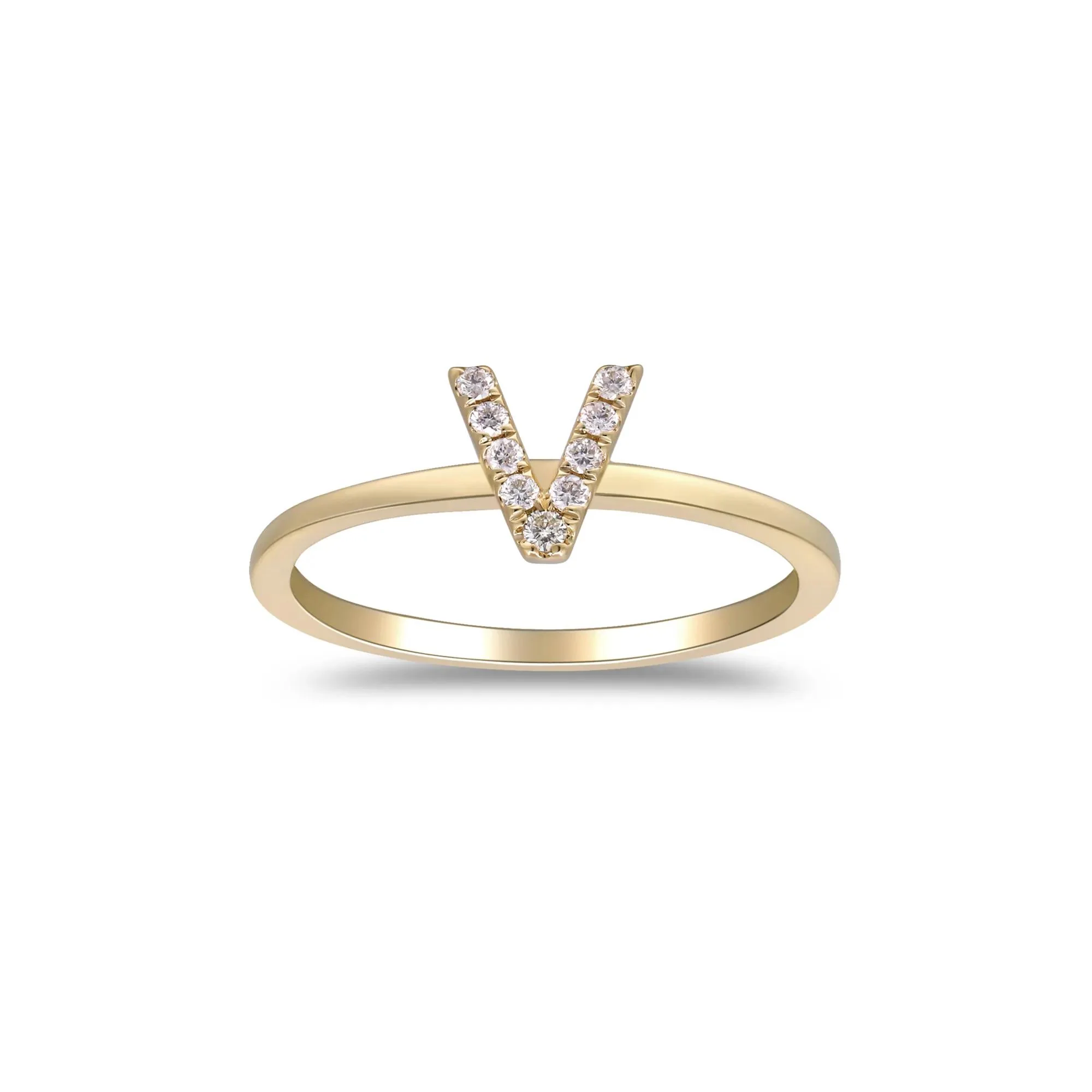 Diamond Accent "v" Initial Ring 10K Yellow Gold Round Brilliant Cut Size 9 2mm