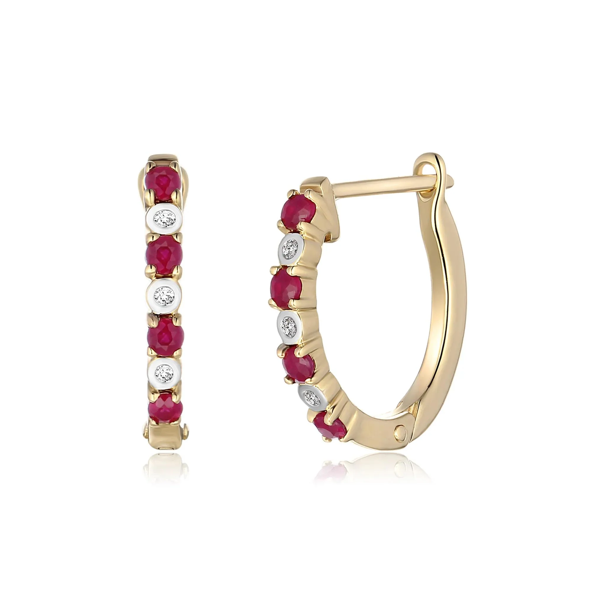 Ruby & Diamond Hoop Earrings 10K Yellow Gold Size 2.40mm