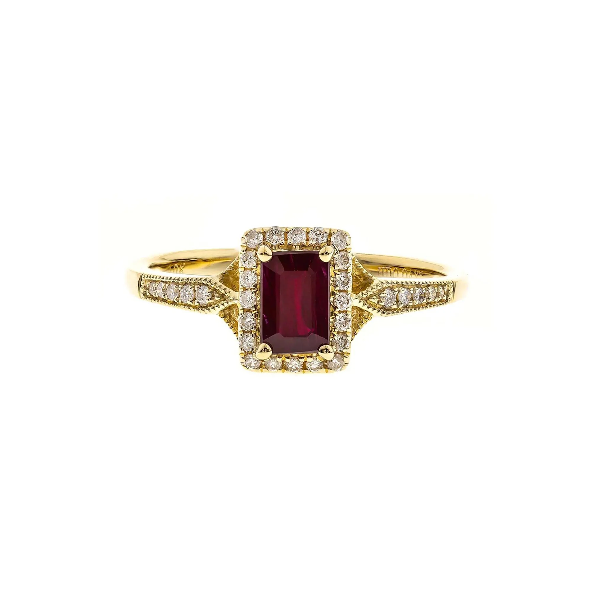 1/8 CT. Tw. Emerald-Cut Ruby & Diamond Ring 10K Yellow Gold Round Brilliant Cut Size 6.5