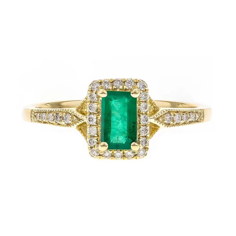 1/8 CT. Tw. Emerald Ring with Diamond Halo 10K Yellow Gold Round Brilliant Cut Size 6