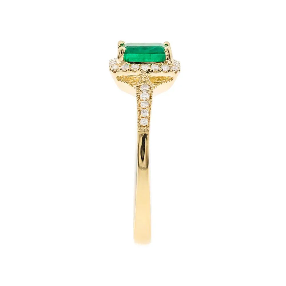 1/8 CT. Tw. Emerald Ring with Diamond Halo 10K Yellow Gold Round Brilliant Cut Size 6 - Image 3