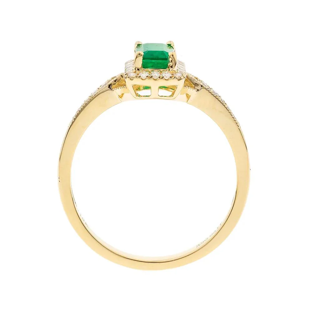 1/8 CT. Tw. Emerald Ring with Diamond Halo 10K Yellow Gold Round Brilliant Cut Size 7 - Image 2