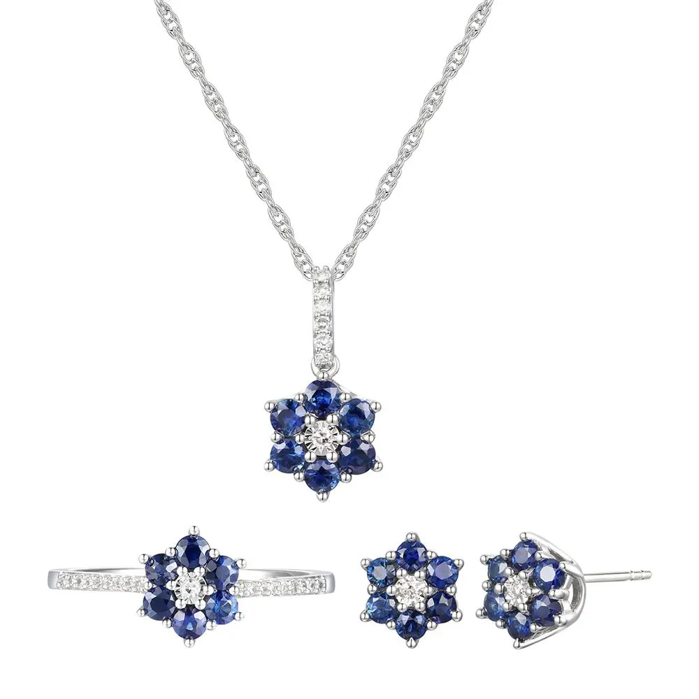 1/10 CT. Tw. Sapphire & Diamond Earrings Ring and Pendant 10K White Gold Size 8