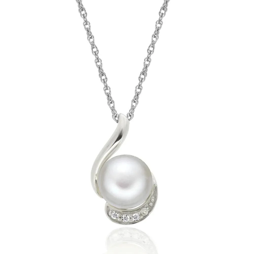 Freshwater Pearl & Lab Created White Sapphire Pendant Necklace .925 Sterling Silver Size 18"
