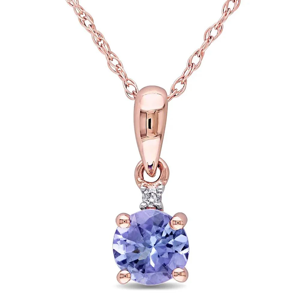Tanzanite & Diamond Pendant Necklace 10K Rose Gold Size 17"