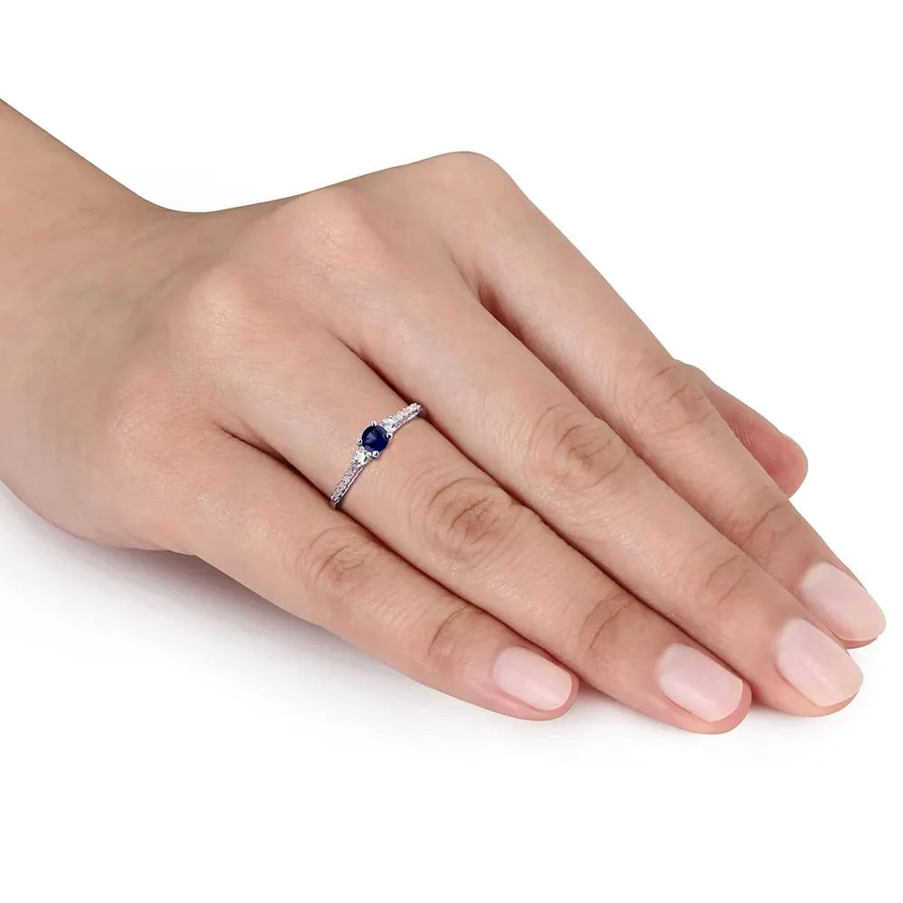 Lab Created Blue & White Sapphire & Diamond Ring .925 Sterling Silver Size 10 - Image 3