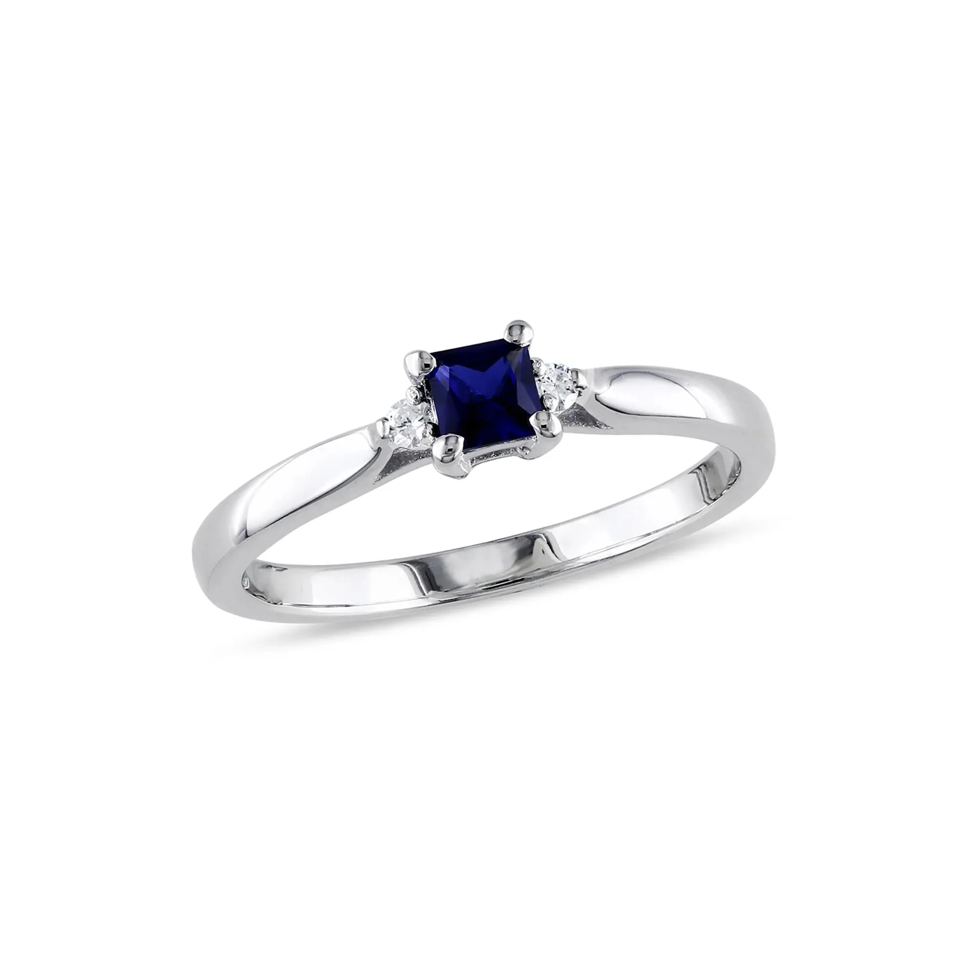 Lab Created Blue Sapphire & Diamond Ring .925 Sterling Silver White Size 5.5 - Image 2
