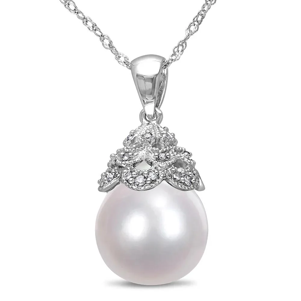 South Sea Pearl & Diamond Necklace 14K White Gold Size 17"