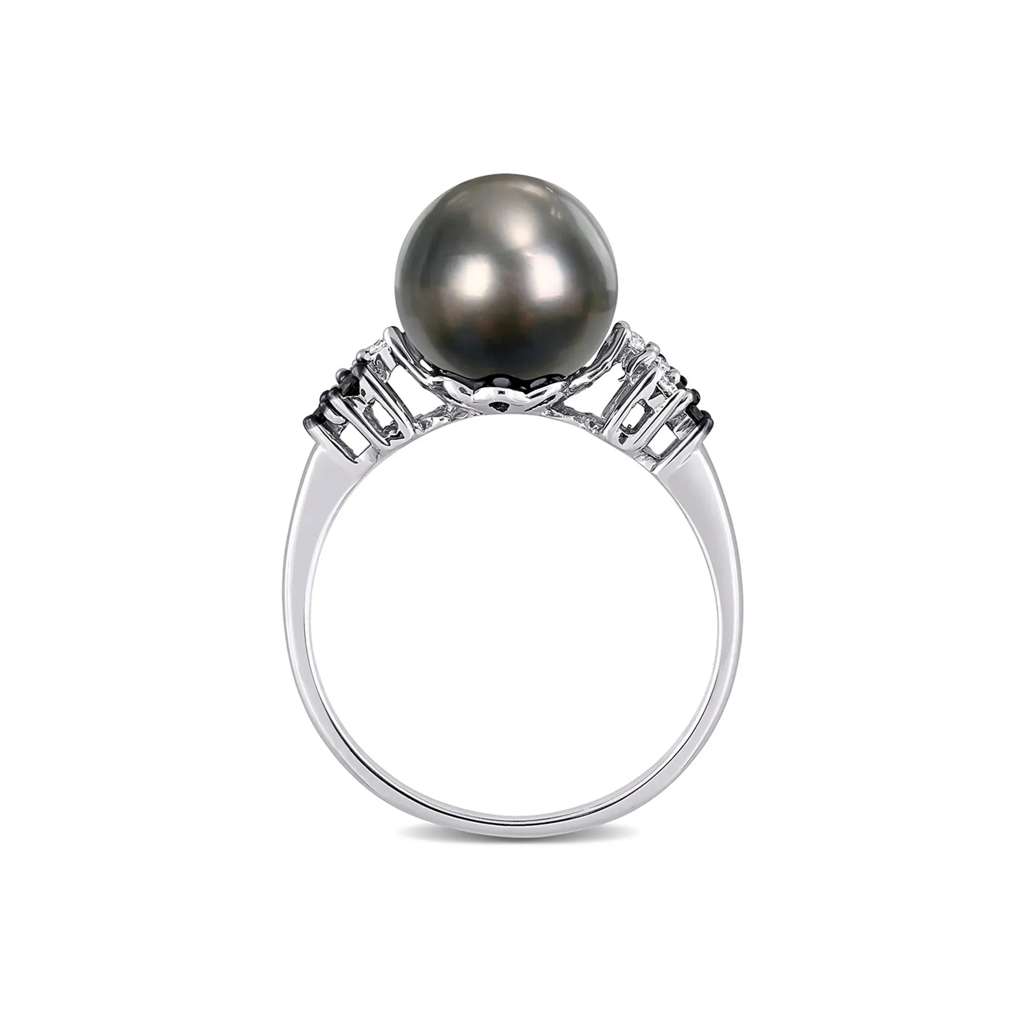 1/8 CT. Tw. Black Tahitian Pearl & Diamond Ring 10K White Gold Size 10 - Image 2