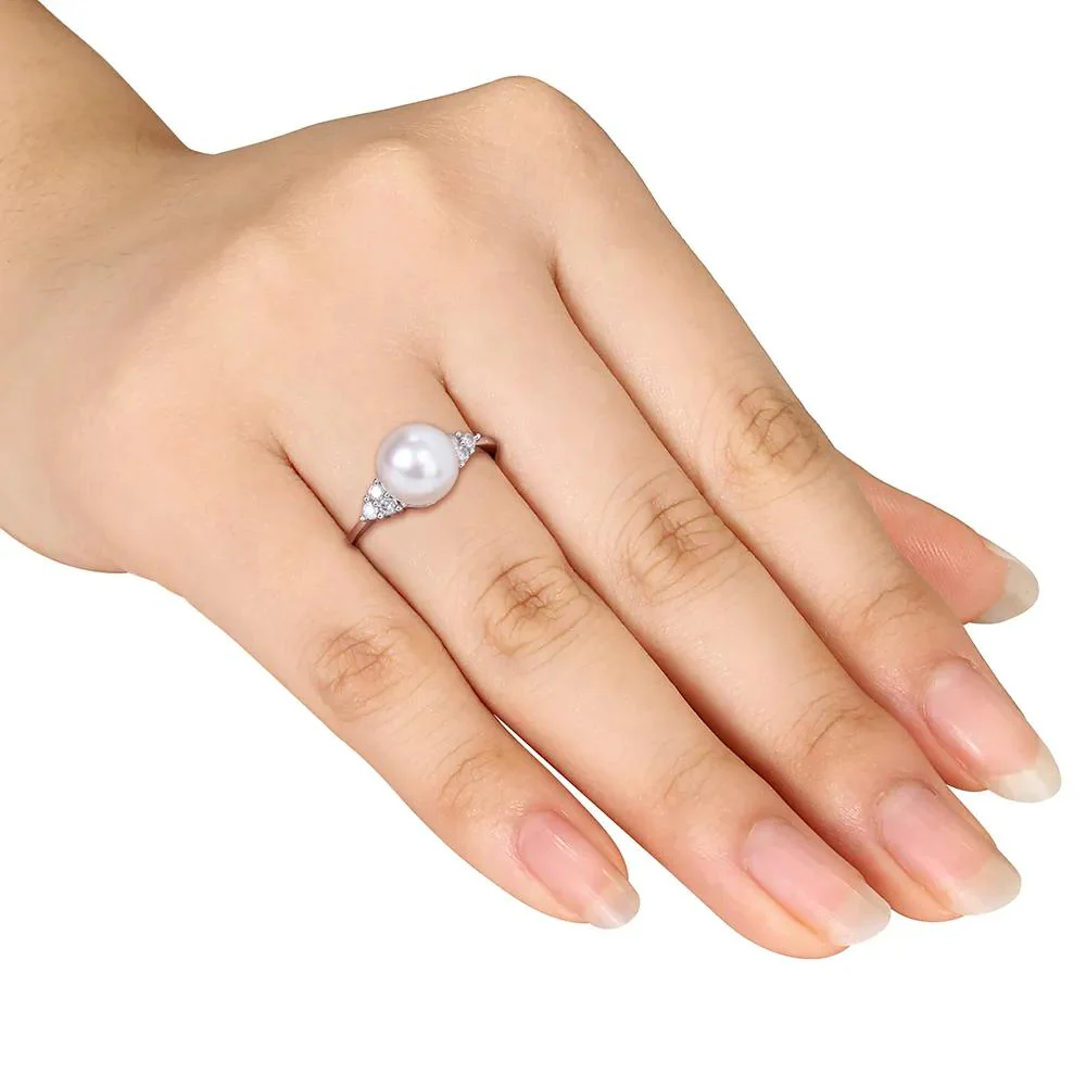 1/8 CT. Tw. Freshwater Pearl & Diamond Ring 10K White Gold Round Brilliant Cut Size 3 - Image 3