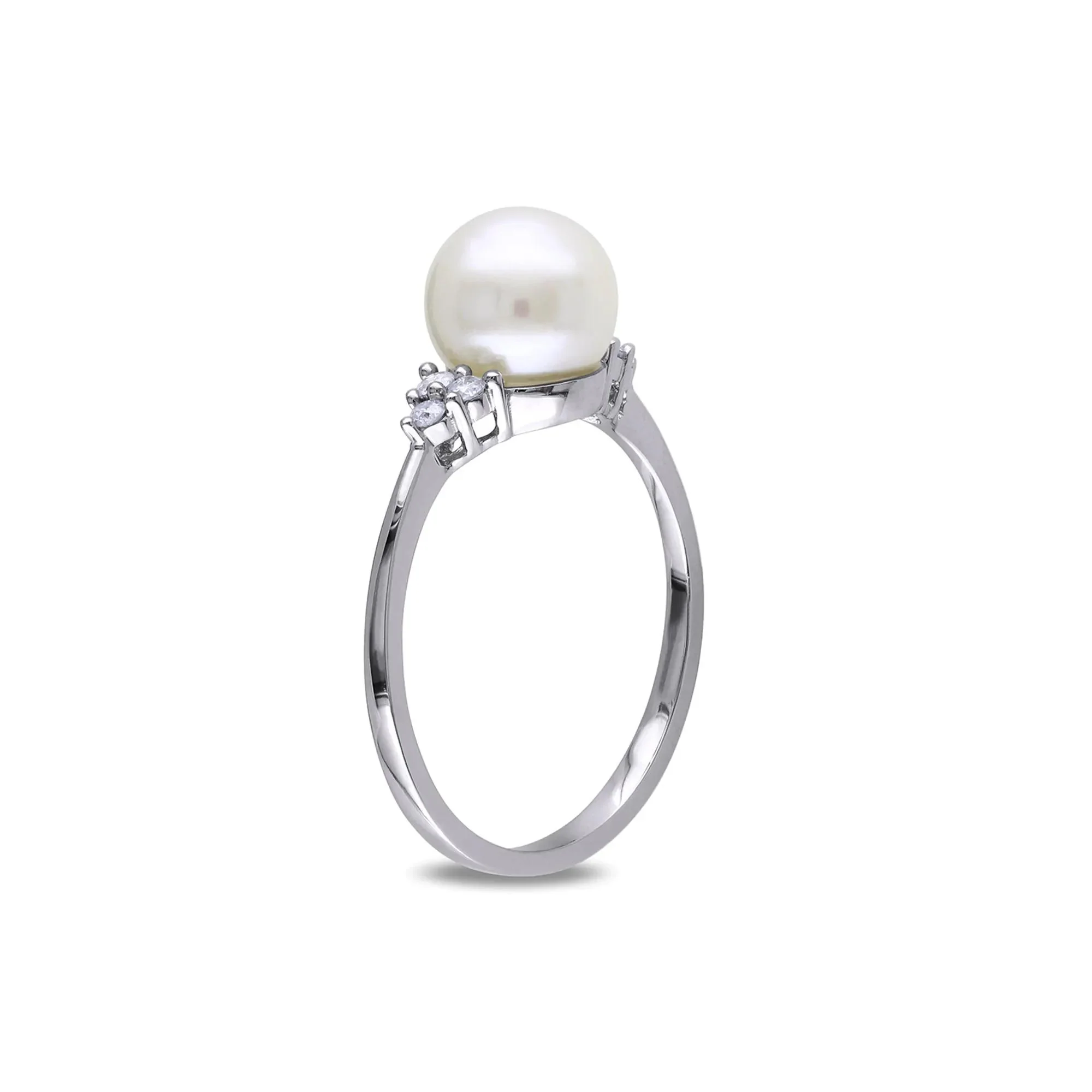 1/8 CT. Tw. Freshwater Pearl & Diamond Ring 10K White Gold Round Brilliant Cut Size 3.5 - Image 2