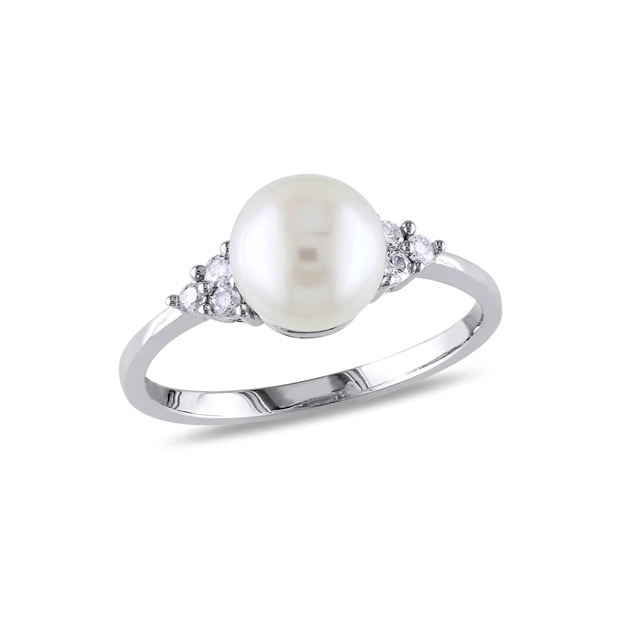 1/8 CT. Tw. Freshwater Pearl & Diamond Ring 10K White Gold Round Brilliant Cut Size 5.5