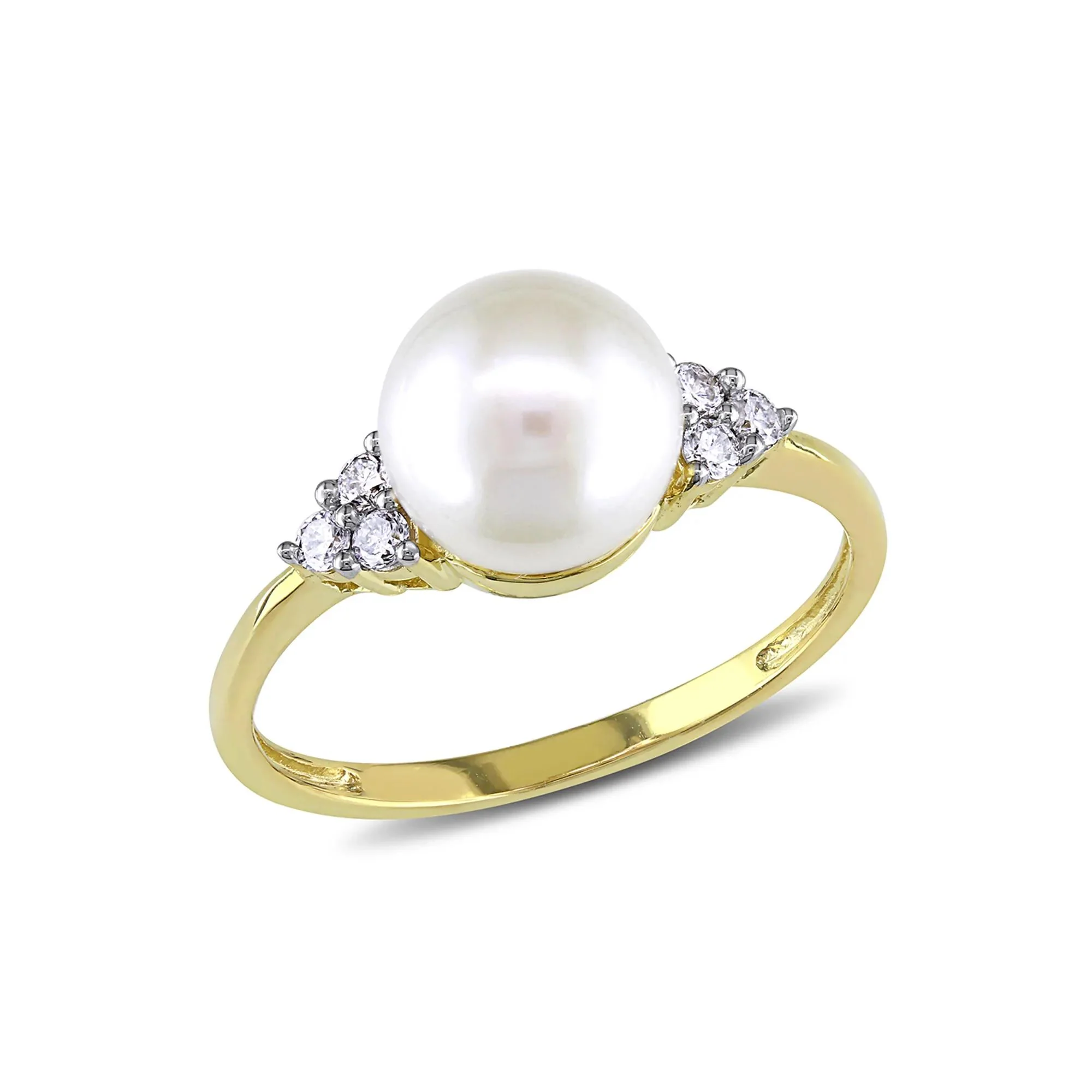1/8 CT. Tw. Freshwater Pearl & Diamond Ring 10K Yellow Gold Round Brilliant Cut Size 10 - Image 2