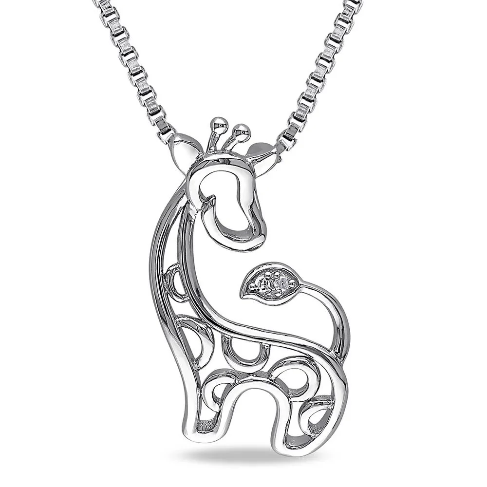Diamond Giraffe Pendant Necklace .925 Sterling Silver White Size 18"