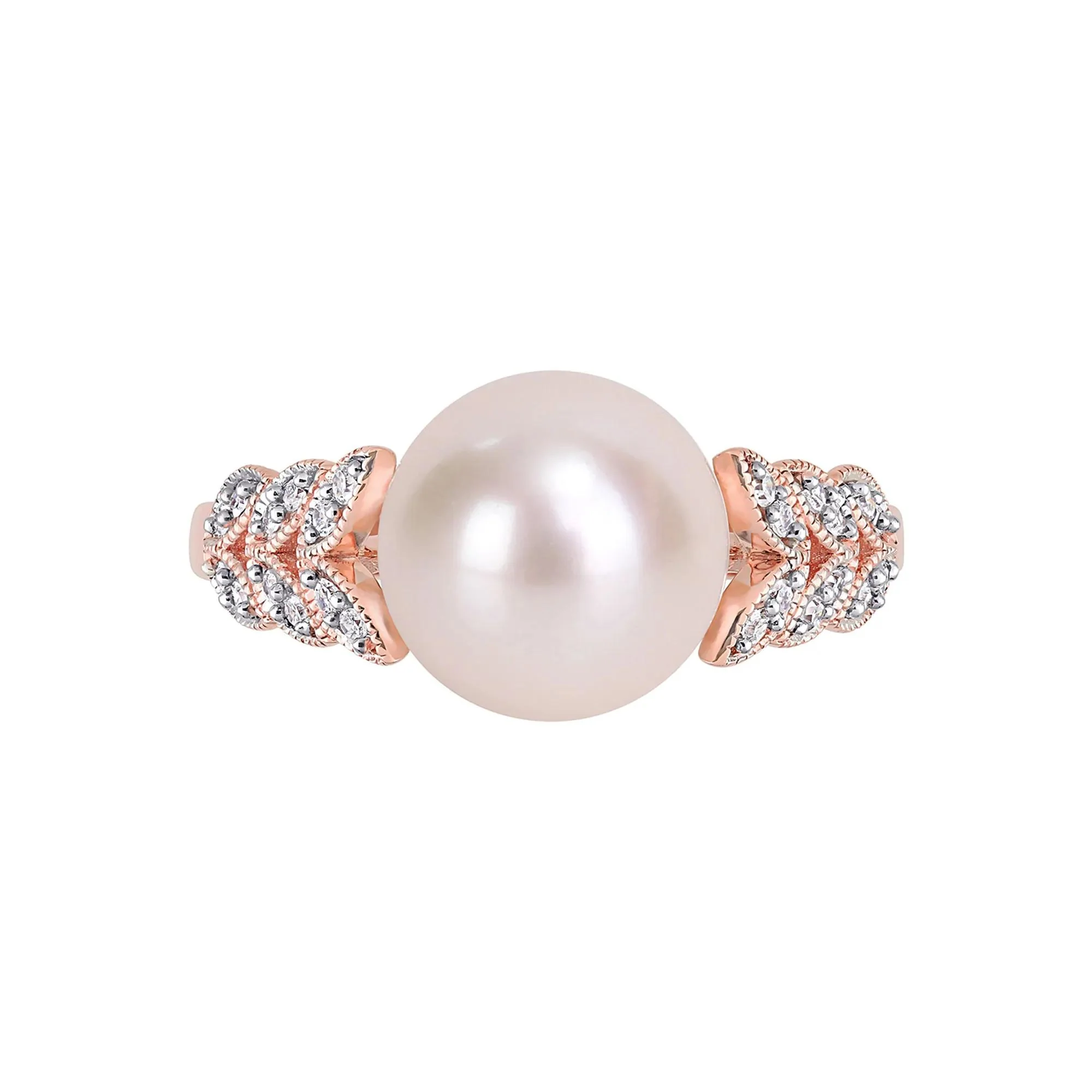 1/2 CT. Tw. Freshwater Pearl & Diamond Ring 10K Rose Gold Round Brilliant Cut Size 5.5