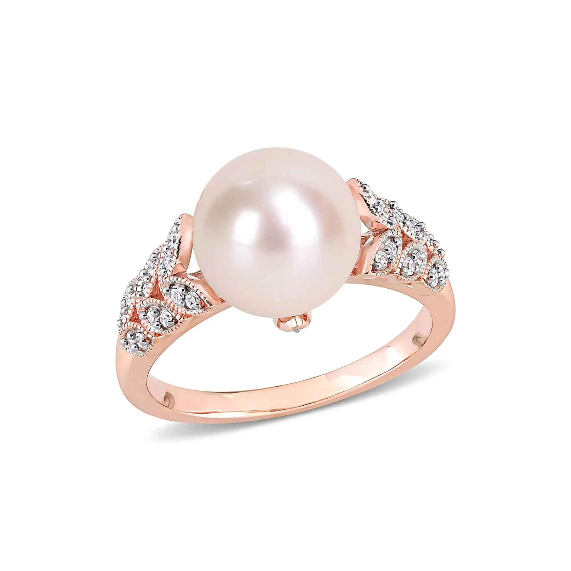 1/2 CT. Tw. Freshwater Pearl & Diamond Ring 10K Rose Gold Round Brilliant Cut Size 9 - Image 4