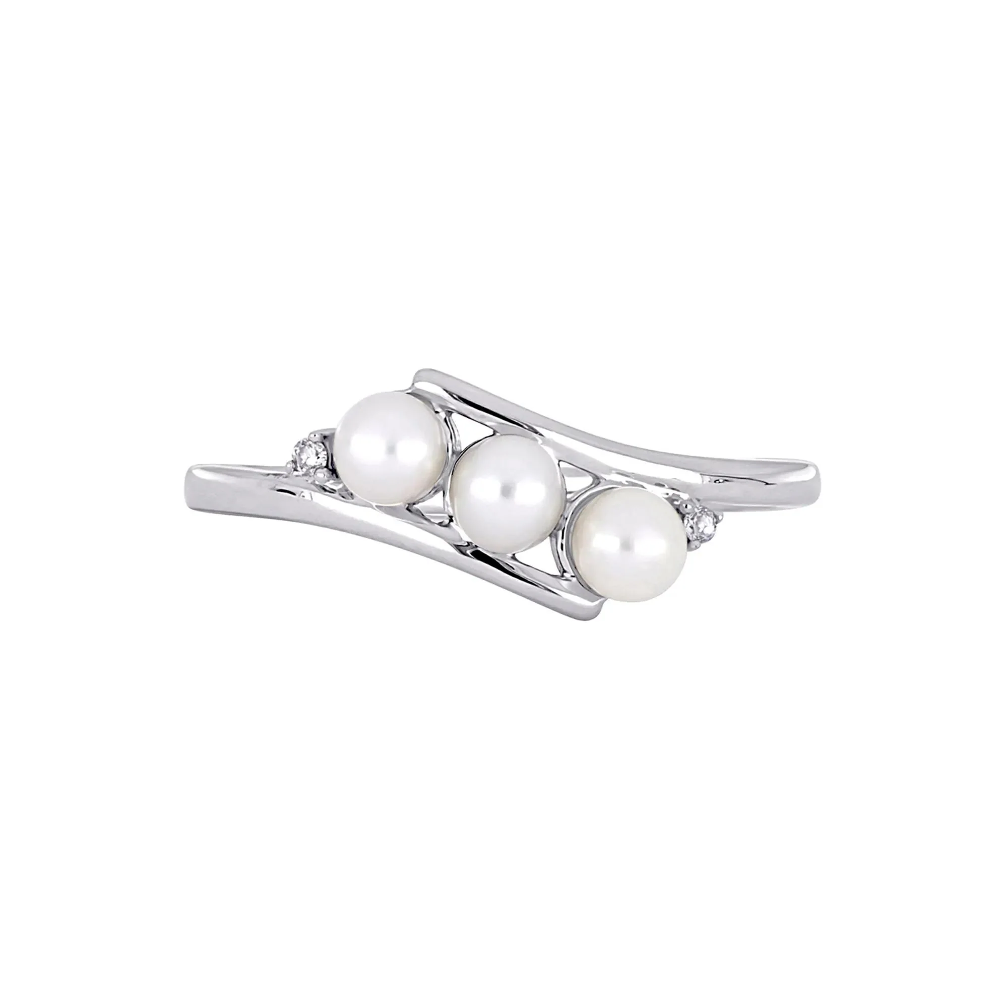 Freshwater Pearl & Diamond Ring 10K White Gold Round Brilliant Cut Size 11.5