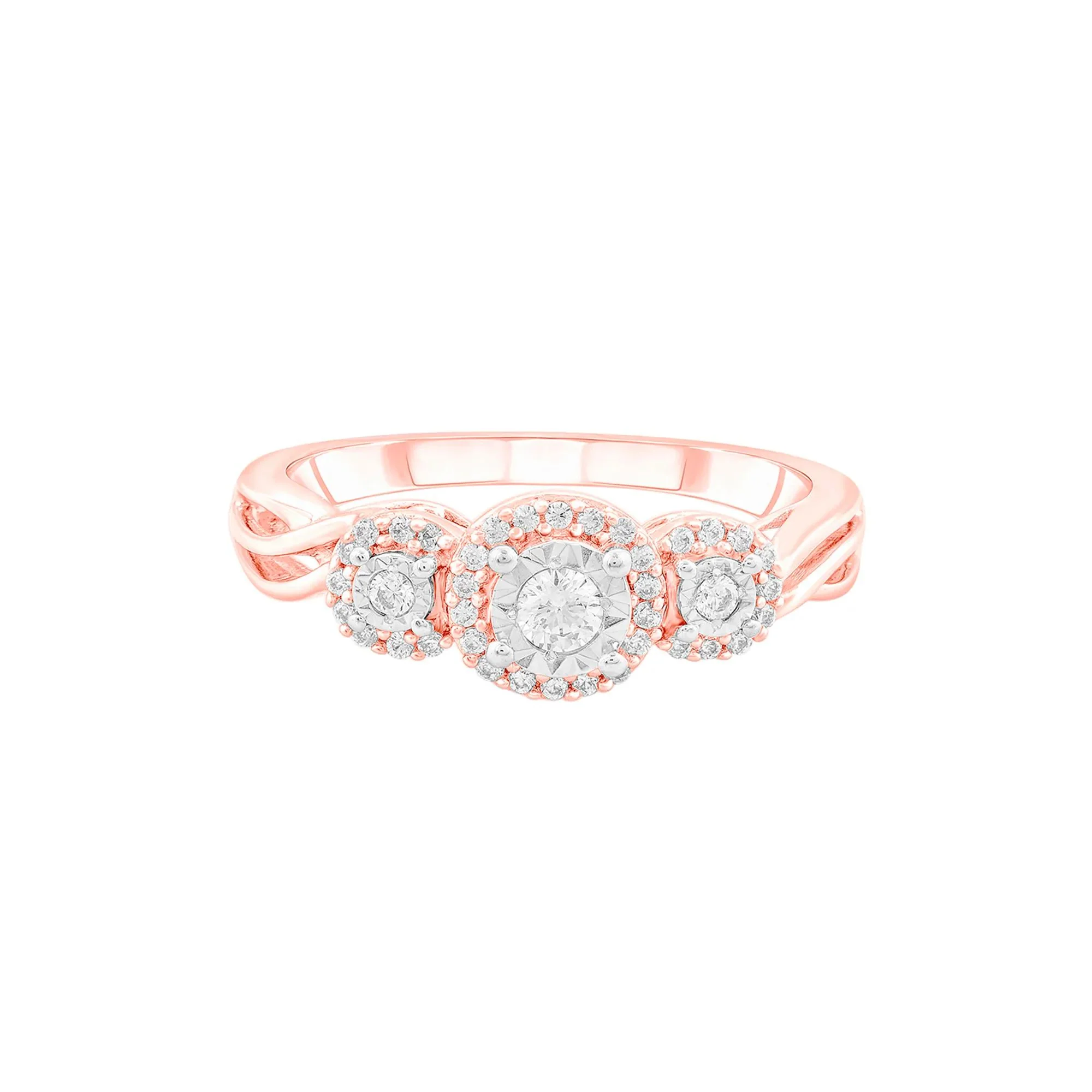 1/4 CT. Tw. Three-Stone Halo Engagement Ring with Illusion Settings 10K Rose Gold Round Brilliant Cut Size 6.5