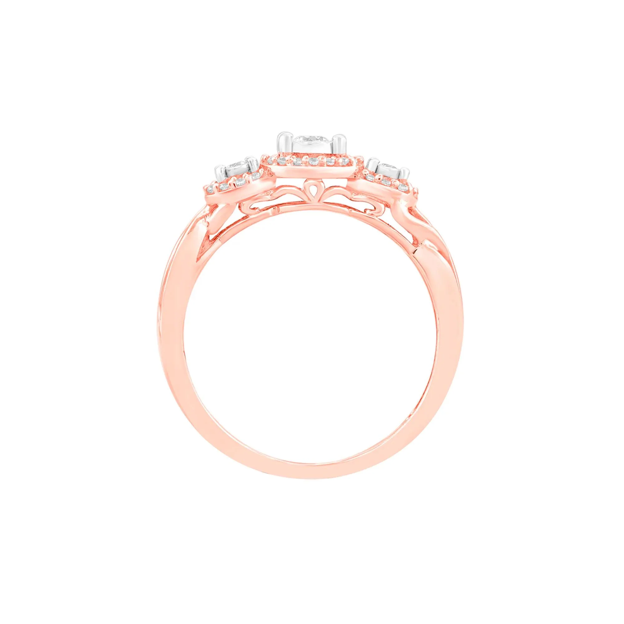 1/4 CT. Tw. Three-Stone Halo Engagement Ring with Illusion Settings 10K Rose Gold Round Brilliant Cut Size 7 - Image 2