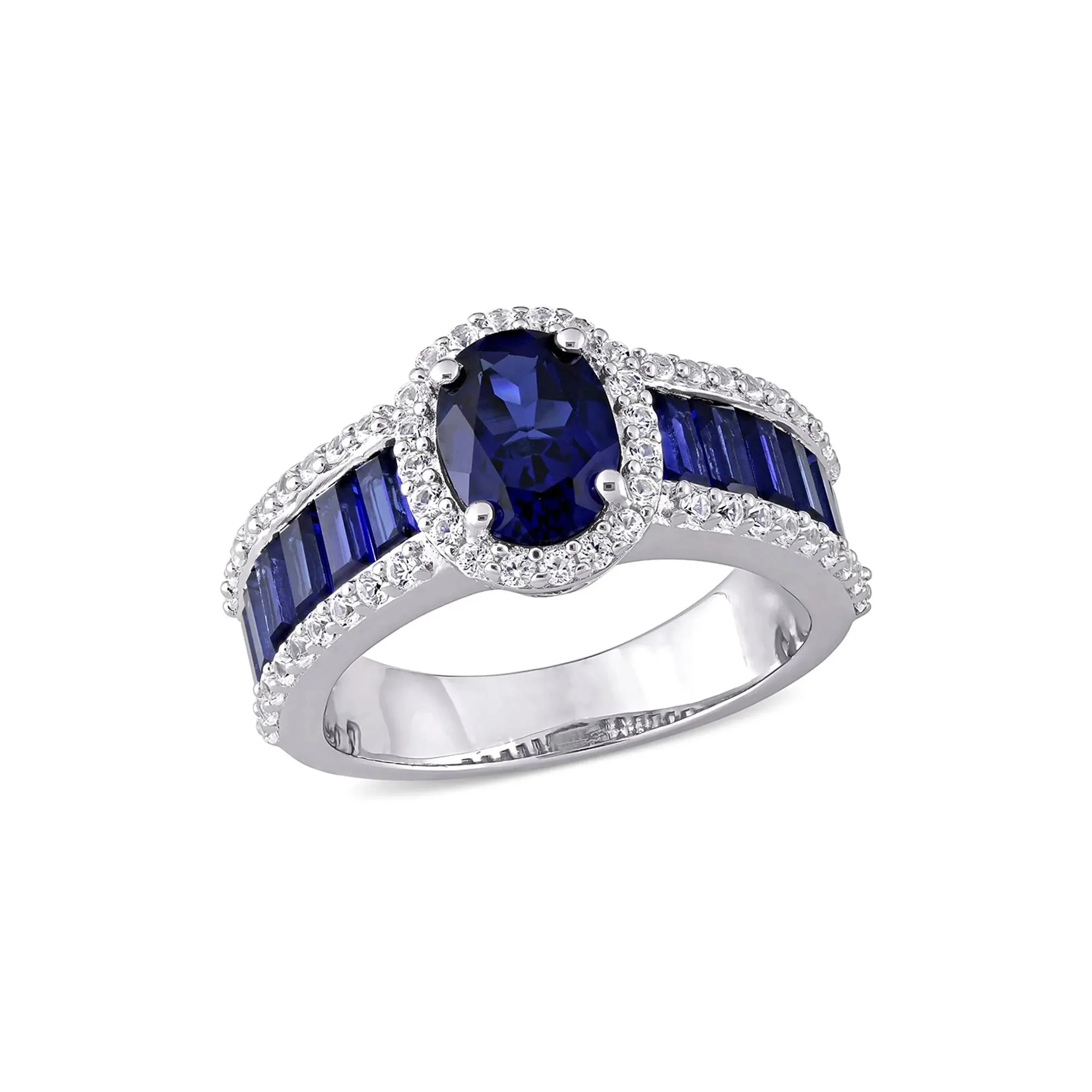 Oval Lab Created Blue & White Sapphire Halo Ring .925 Sterling Silver Size 6 - Image 4