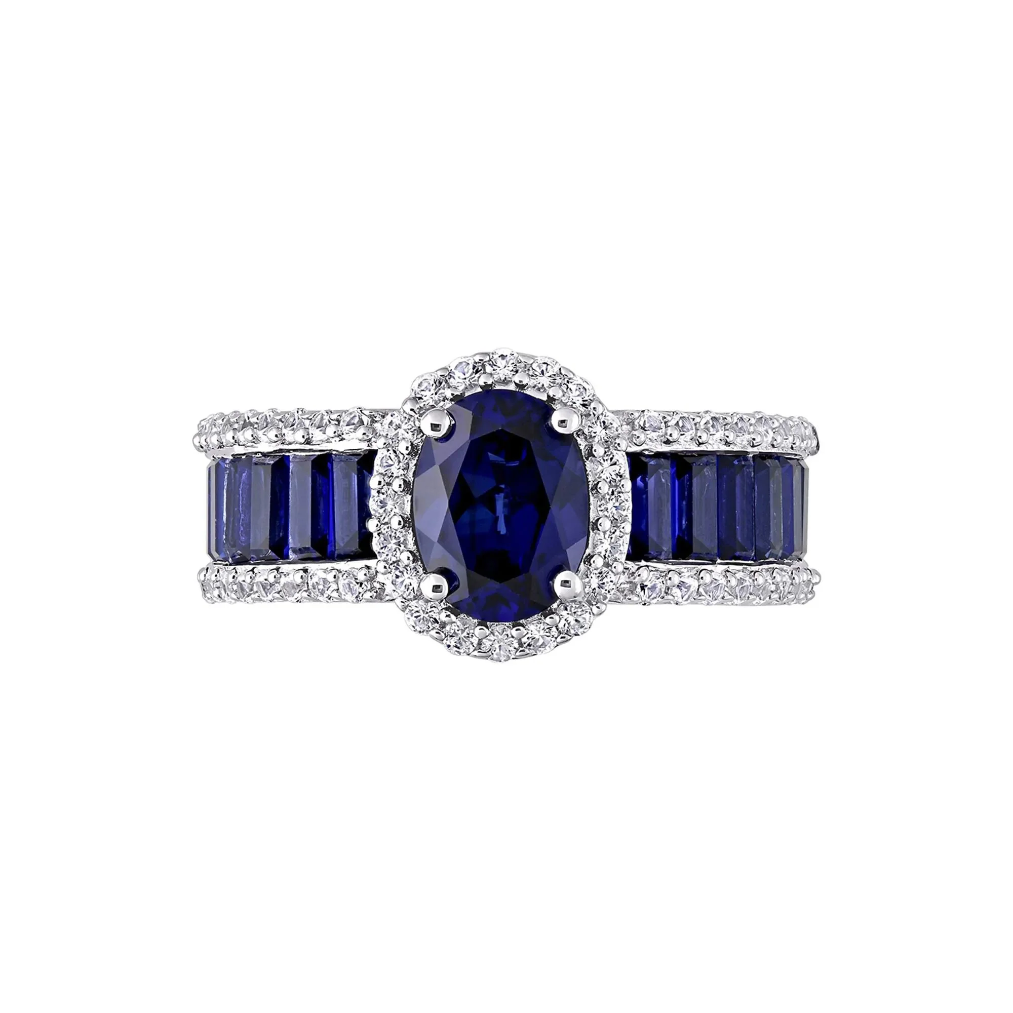 Oval Lab Created Blue & White Sapphire Halo Ring .925 Sterling Silver Size 7