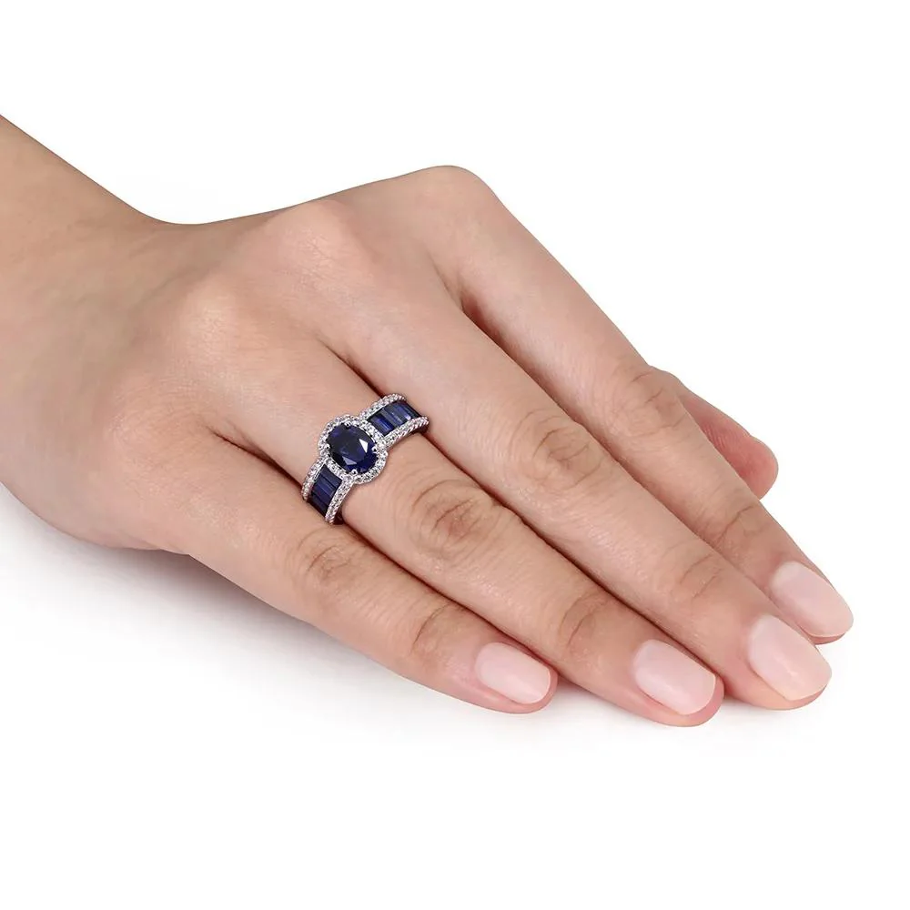 Oval Lab Created Blue & White Sapphire Halo Ring .925 Sterling Silver Size 7.5 - Image 5