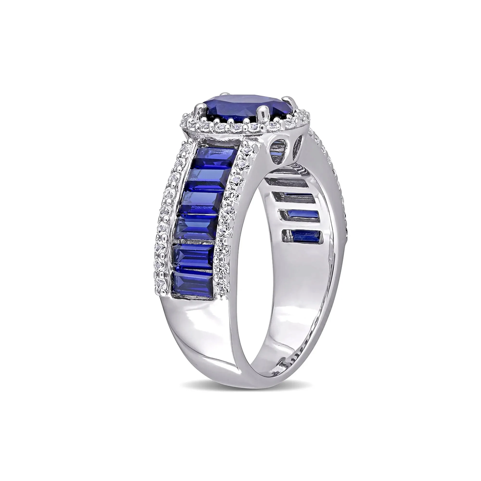 Oval Lab Created Blue & White Sapphire Halo Ring .925 Sterling Silver Size 8 - Image 3