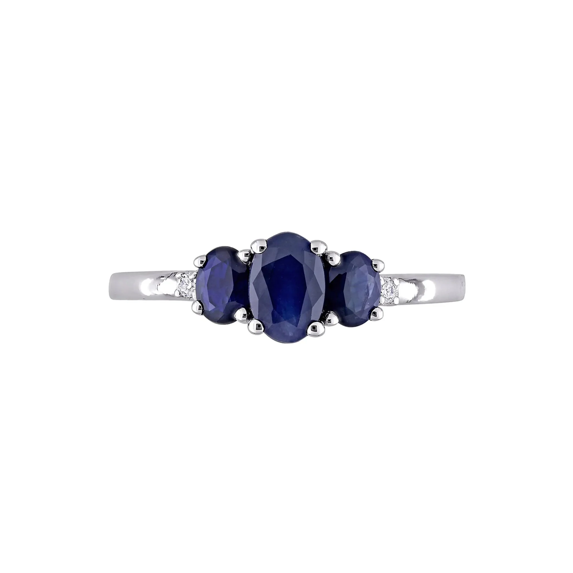 Oval Three-Stone Blue Sapphire Ring 10K White Gold Size 10