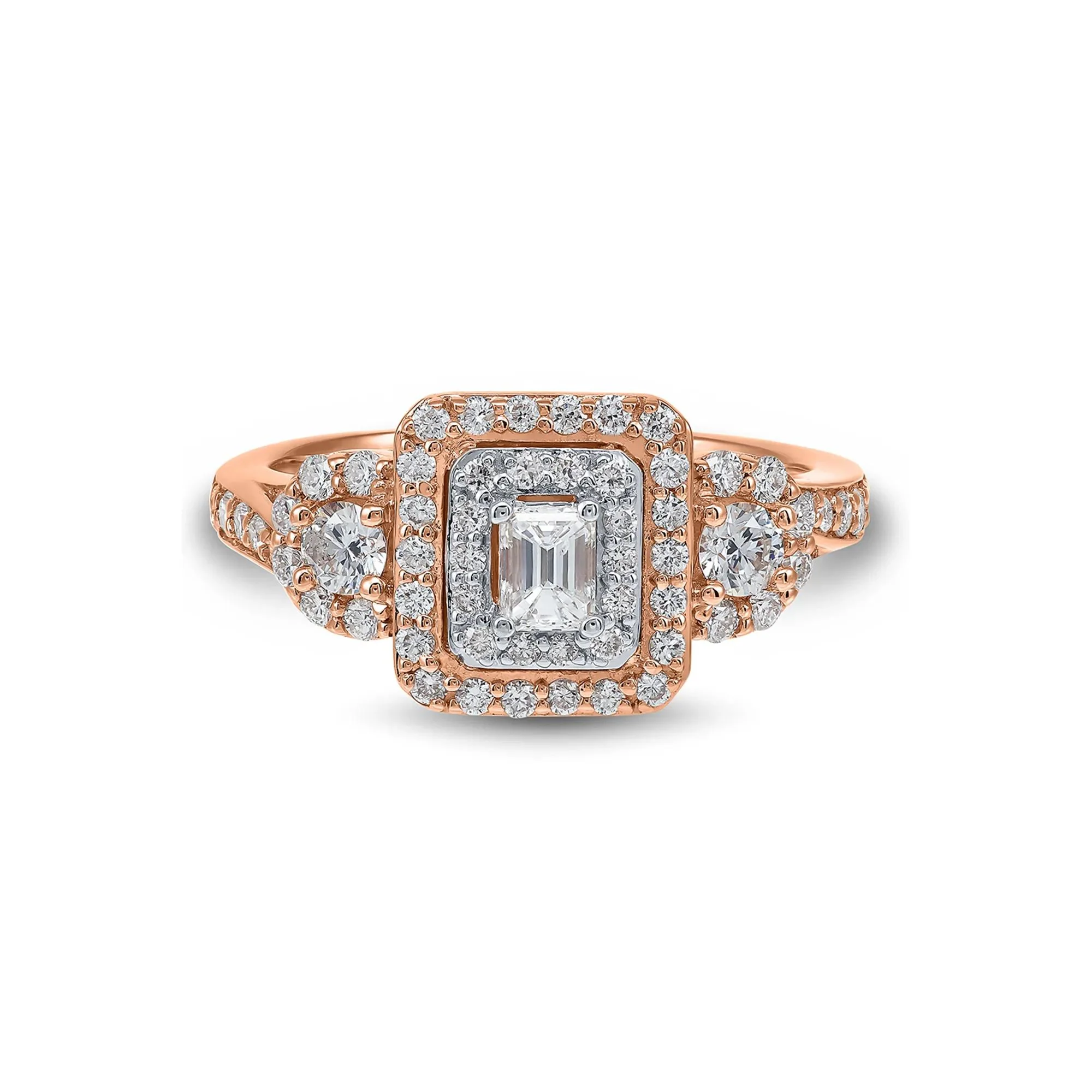 1 CT. Tw. Double Halo Emerald-Cut Diamond Engagement Ring 14K Rose Gold Size 8